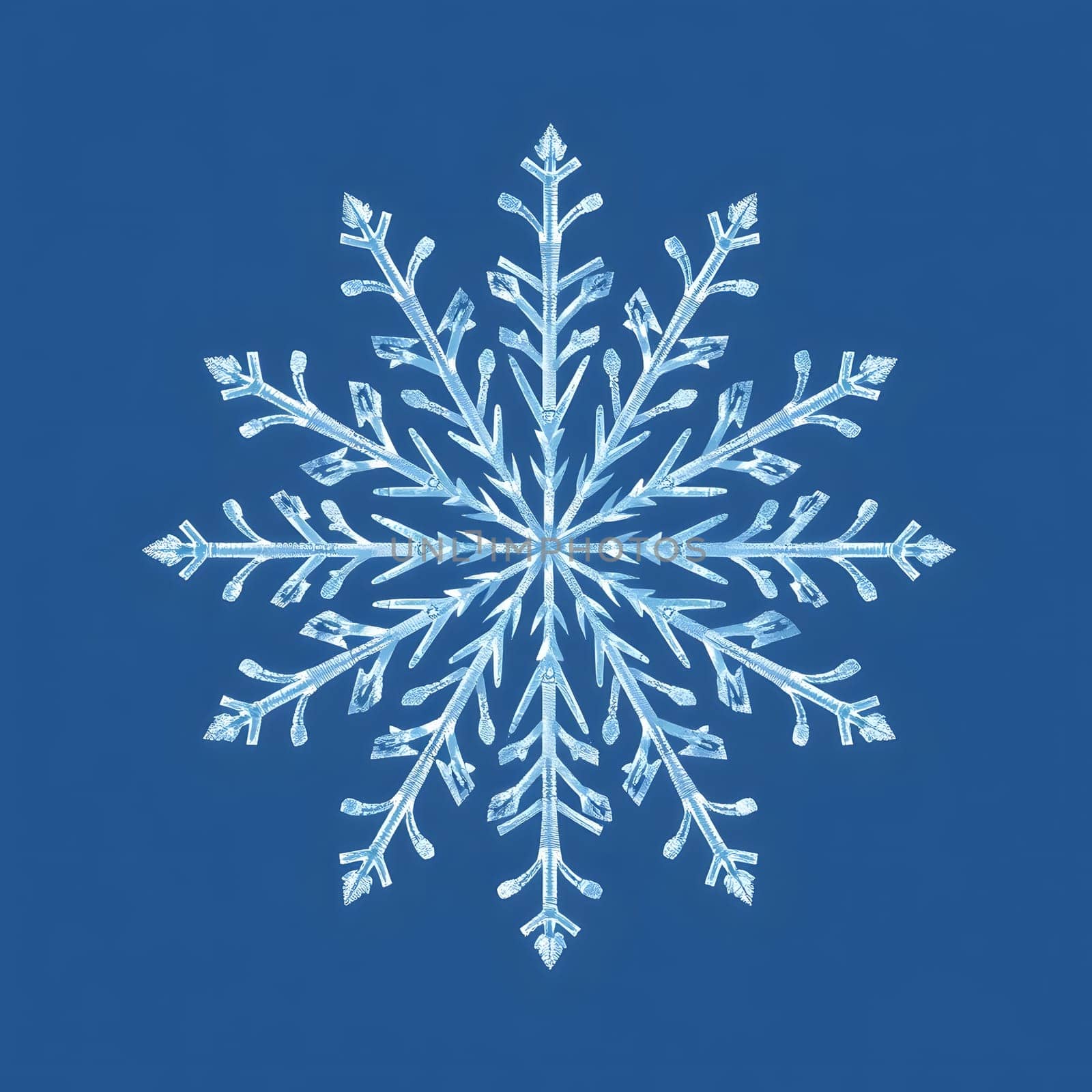 This captivating snowflake features intricate patterns and branches, beautifully contrasting against a rich blue backdrop, representing the essence of winter's chill and beauty.