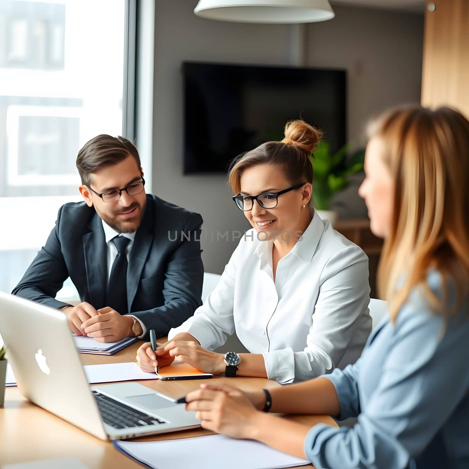 Three colleagues engage in a productive meeting at a contemporary office, discussing ideas and reviewing documents while working on a laptop.