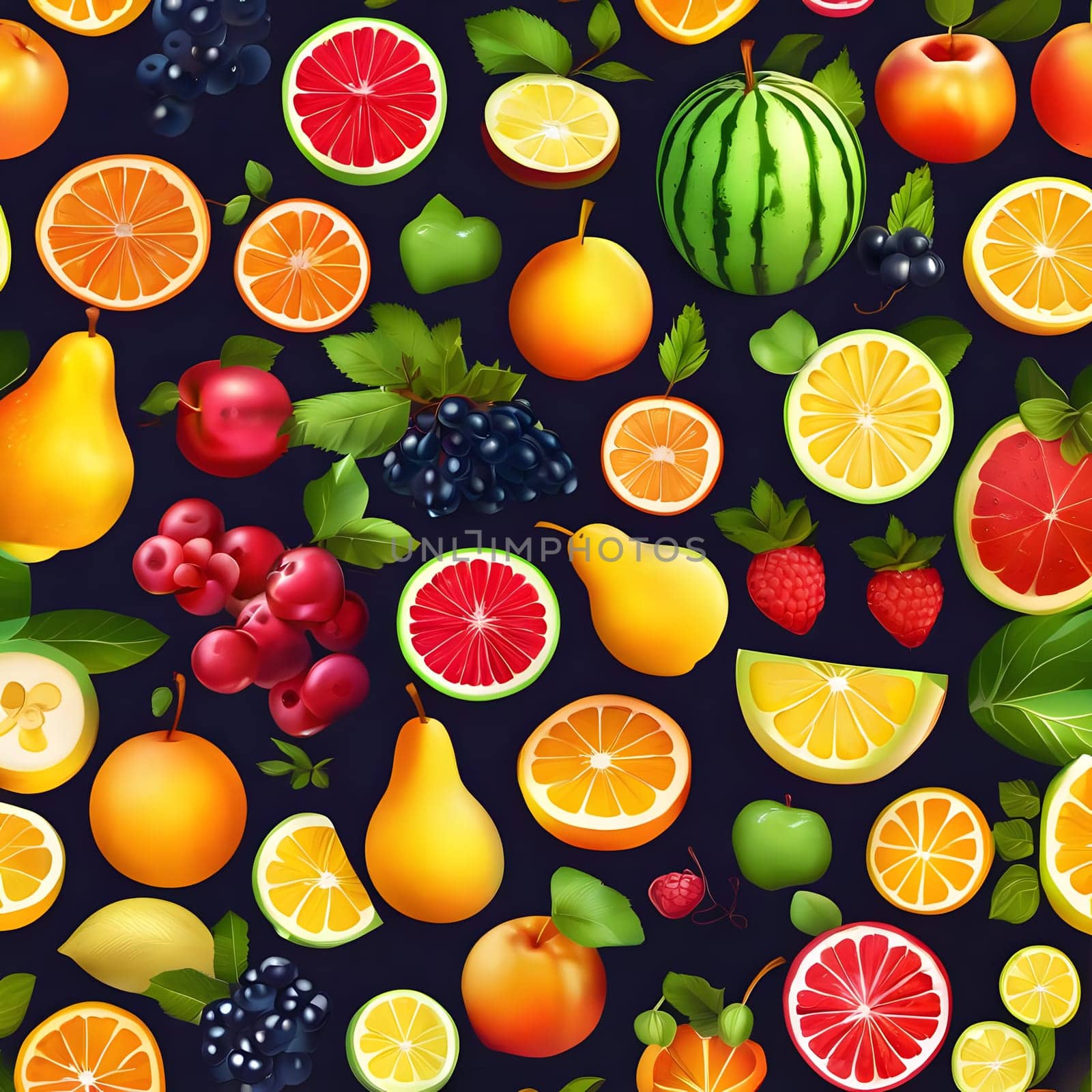 This colorful display features a variety of fruits including oranges, pears, grapes, and watermelon set against a dark background, emphasizing their freshness and appeal.