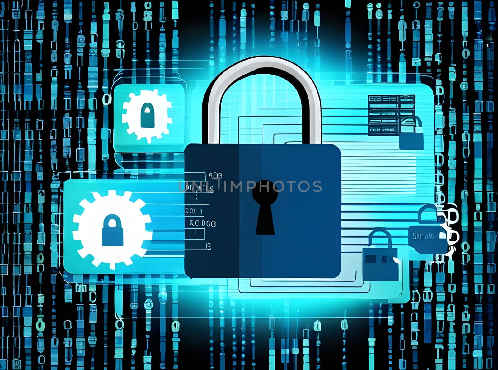 A digital padlock symbolizes online security, surrounded by binary code and various technology icons, representing the importance of data protection in the modern digital landscape.