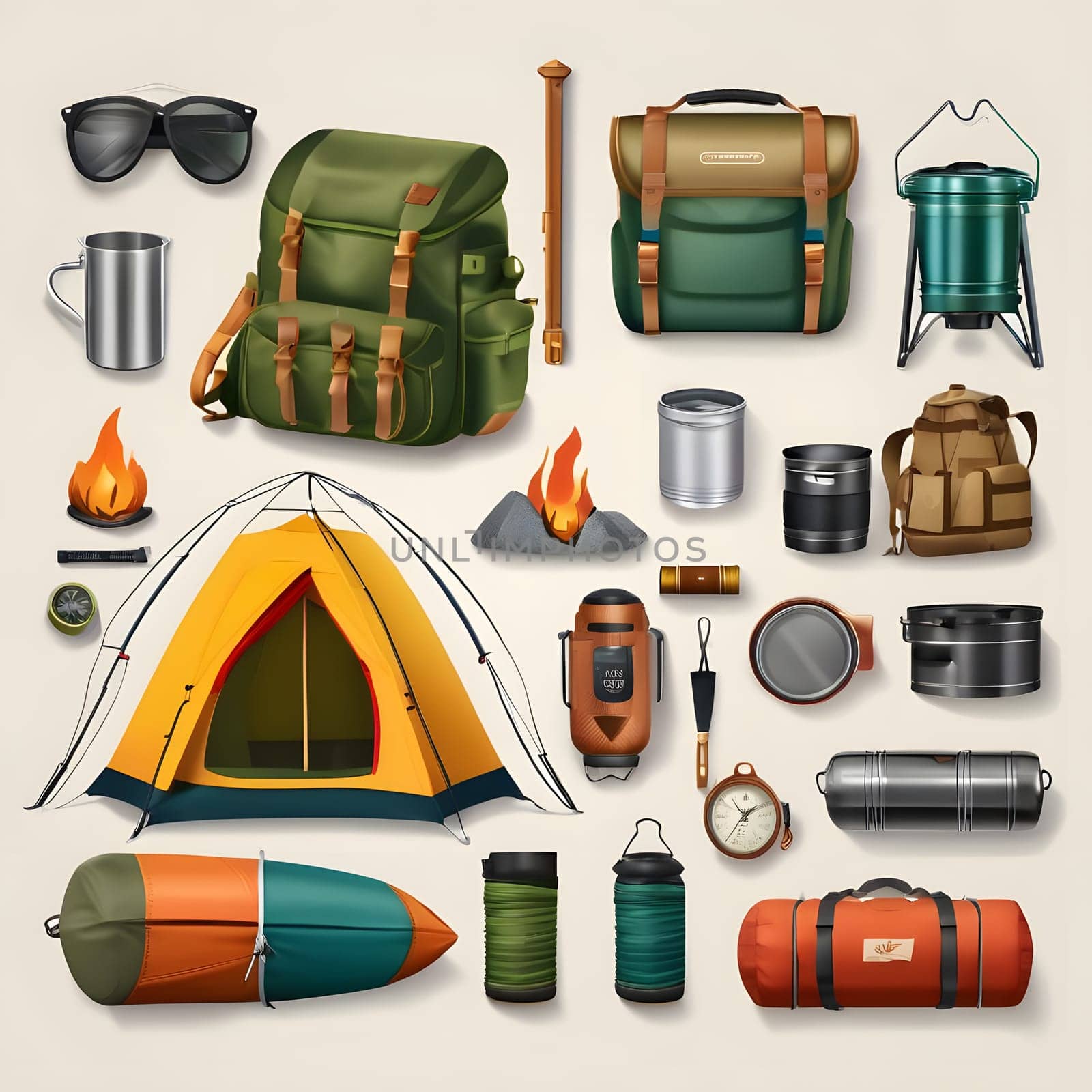 A collection of camping equipment is displayed, including a tent, backpacks, cookware, and outdoor tools, showcasing the essentials for a successful outdoor adventure.