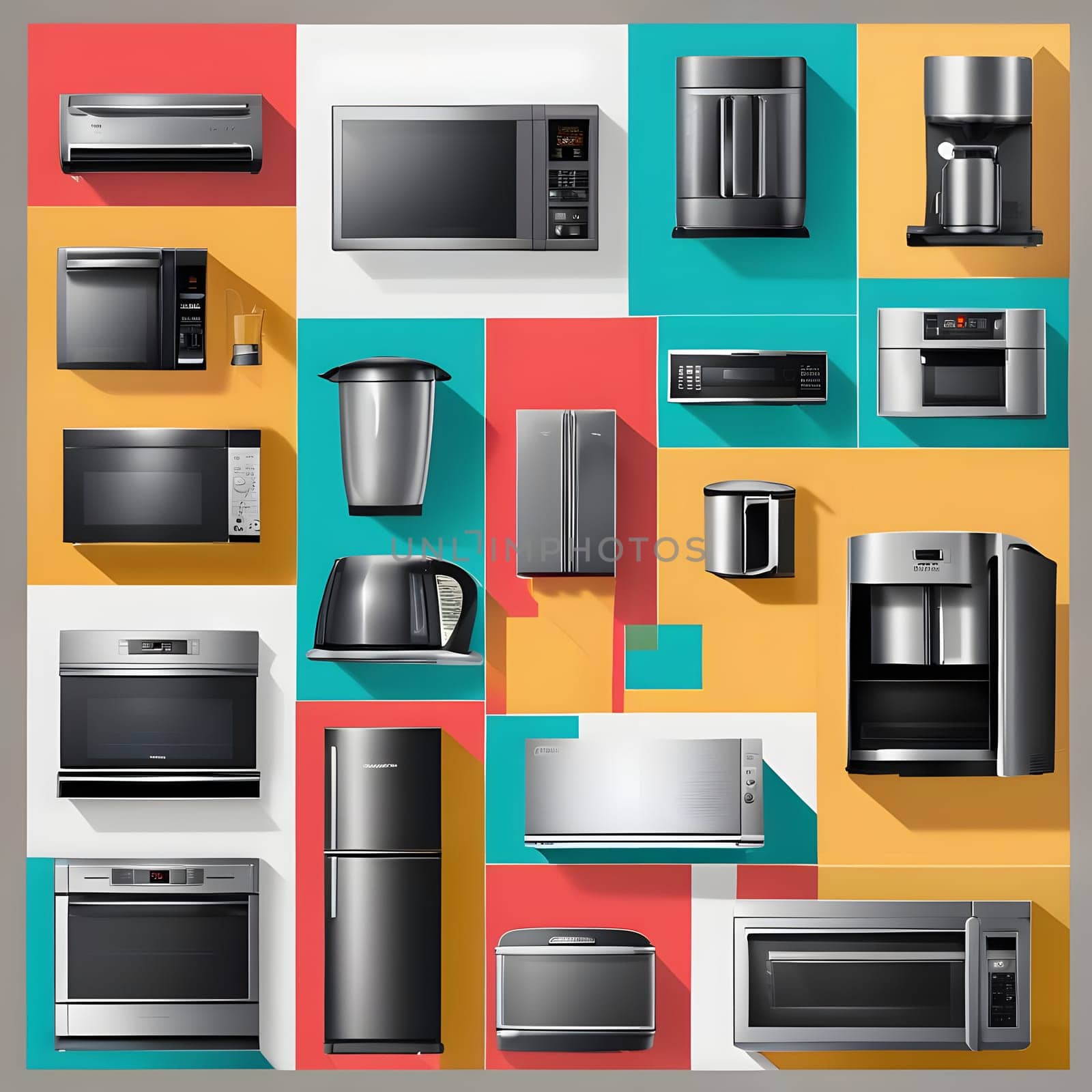 A variety of modern kitchen appliances are showcased against a vibrant backdrop