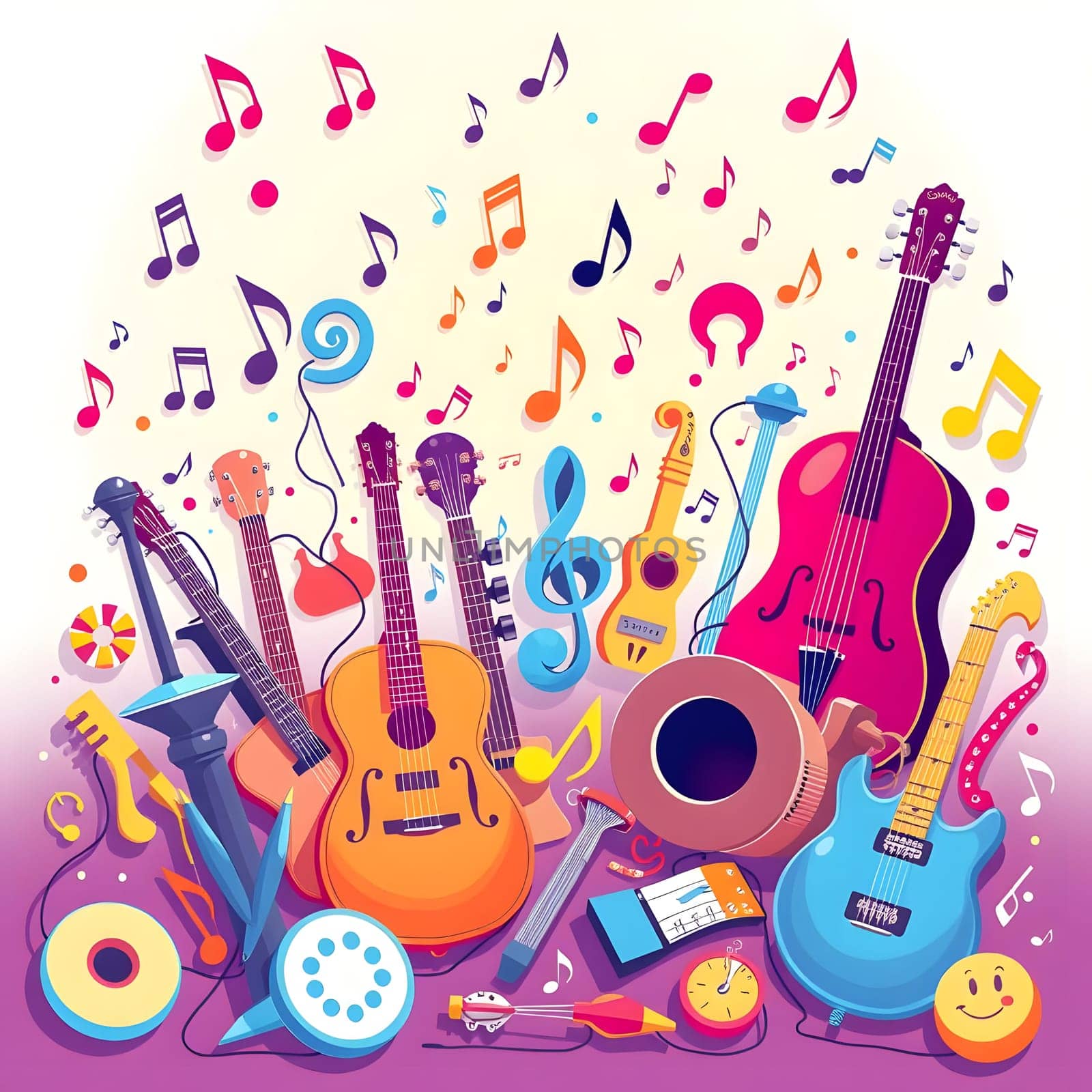 A lively assortment of musical instruments showcases guitars, violins, and drums surrounded by colorful notes. The arrangement highlights creativity and joy in music-making.