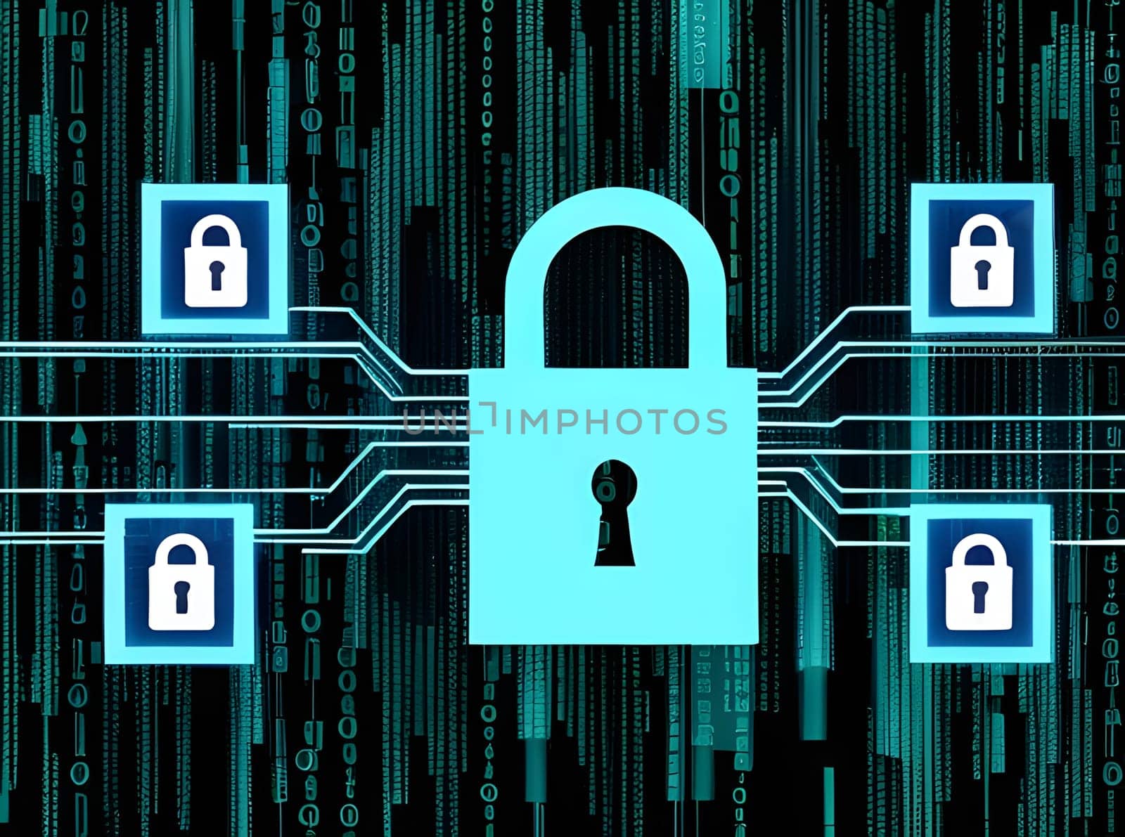 A visualization of digital security featuring a central padlock surrounded by encrypted data symbols. The background is filled with binary code, illustrating the concept of cybersecurity.