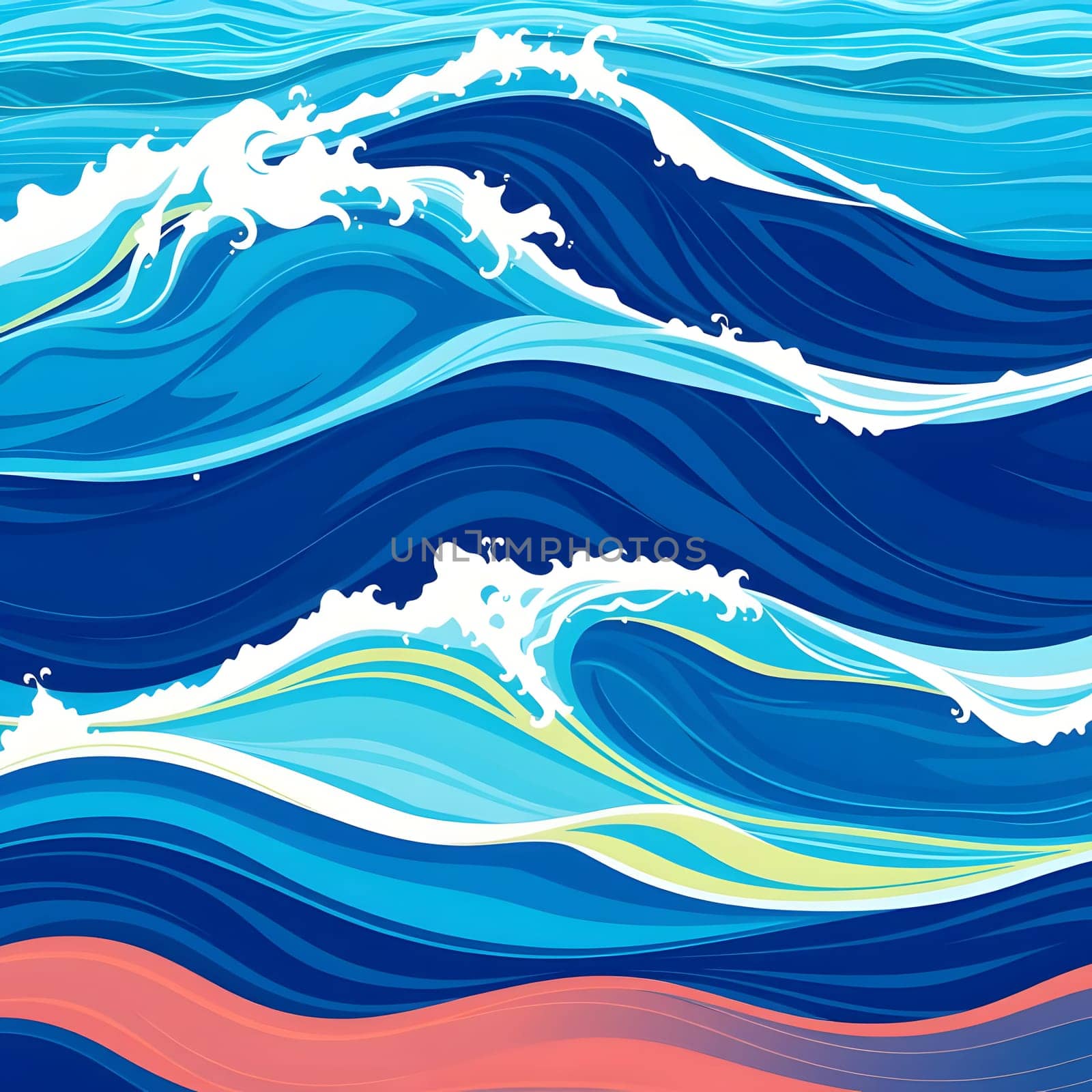 The artwork features dynamic ocean waves displaying rich shades of blue, with foamy white crests, contrasting against a gentle, colorful shoreline, evoking a sense of movement and tranquility.