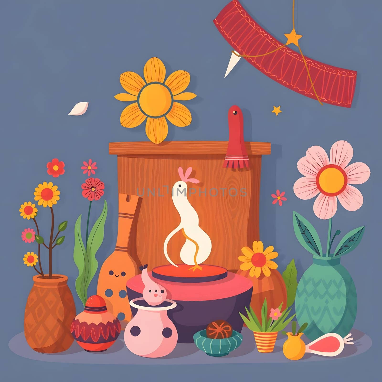 A vibrant assortment of pottery and blooming flowers is arranged on a table, creating a cheerful and inviting atmosphere filled with artistic elements and charm.