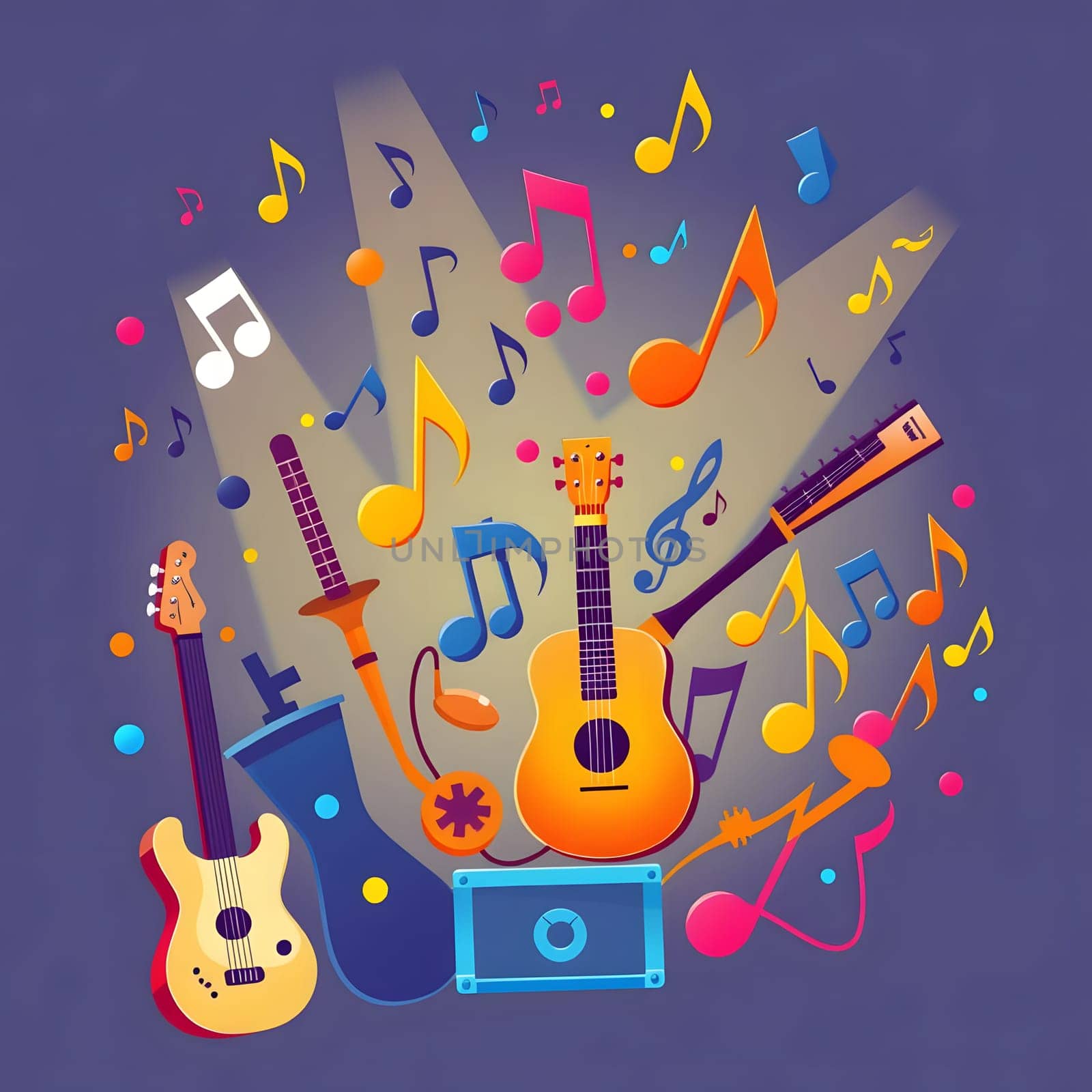 A vibrant collection of various musical instruments includes guitars, a saxophone, and a tambourine accompanied by lively musical notes on a purple backdrop.