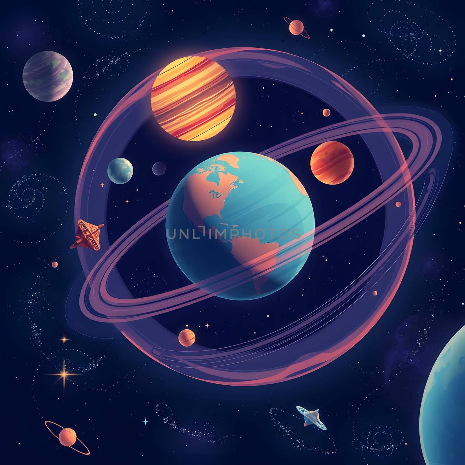 A digital artwork showcases a variety of planets including Earth and rings around Saturn, surrounded by twinkling stars in a colorful cosmic backdrop, highlighting the beauty of the universe.