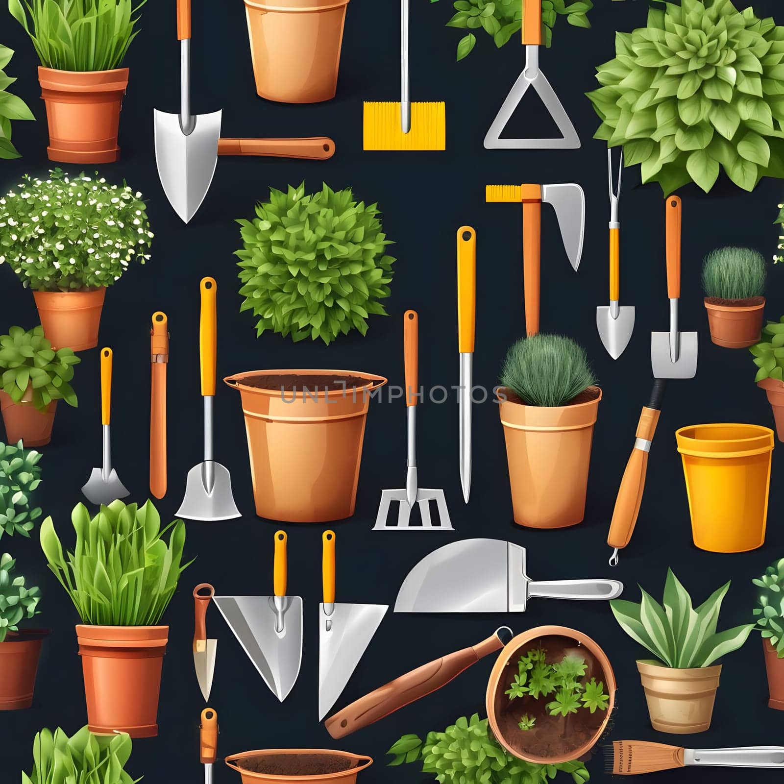 A collection of gardening tools and various plants placed on a dark background showcases the beauty of gardening essentials, creating an appealing and organized visual display.