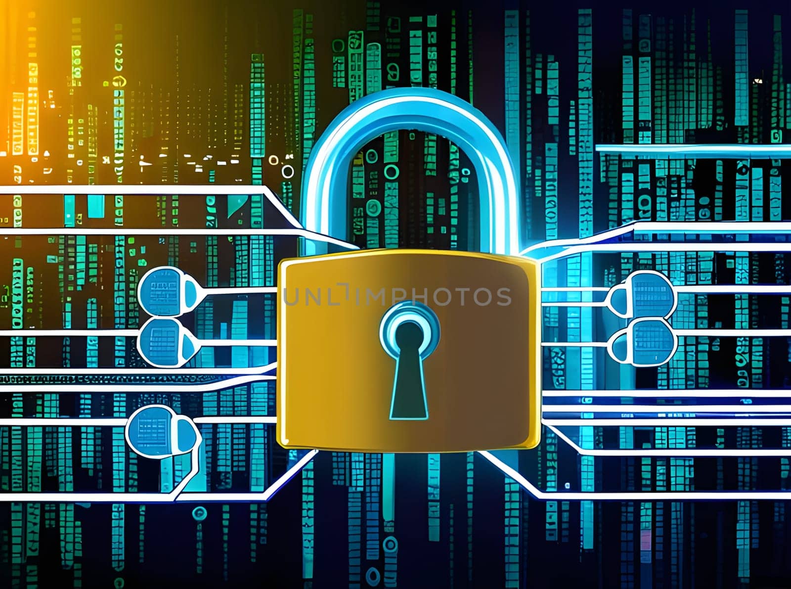 A digital lock stands prominently against a backdrop of flowing binary code, symbolizing cybersecurity. Bright lines connect the lock to various data streams, highlighting digital protection.