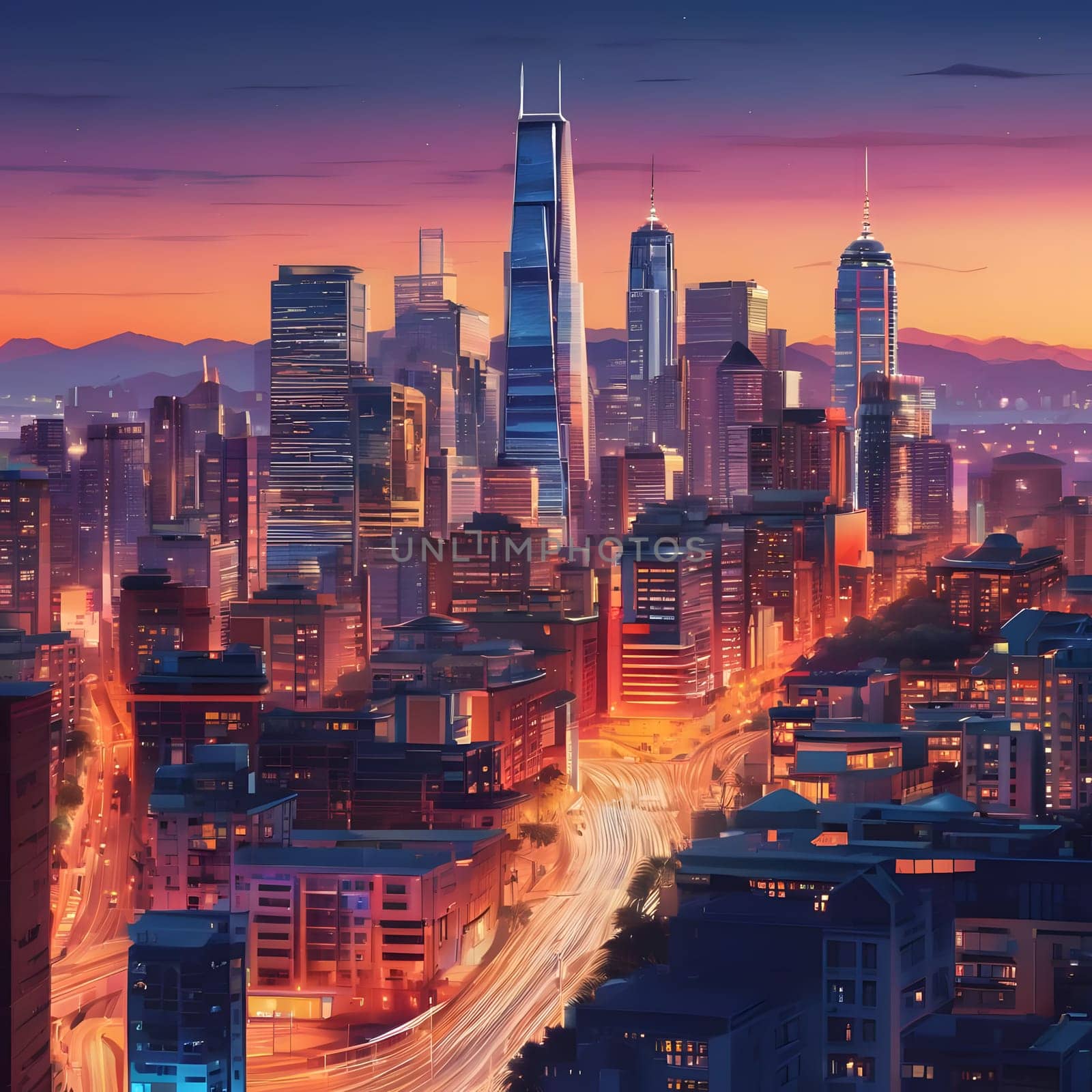 The city skyline glows with lights as the sun sets, casting a warm hue over the skyscrapers. Traffic flows smoothly along main roads, creating a lively urban atmosphere in the evening.