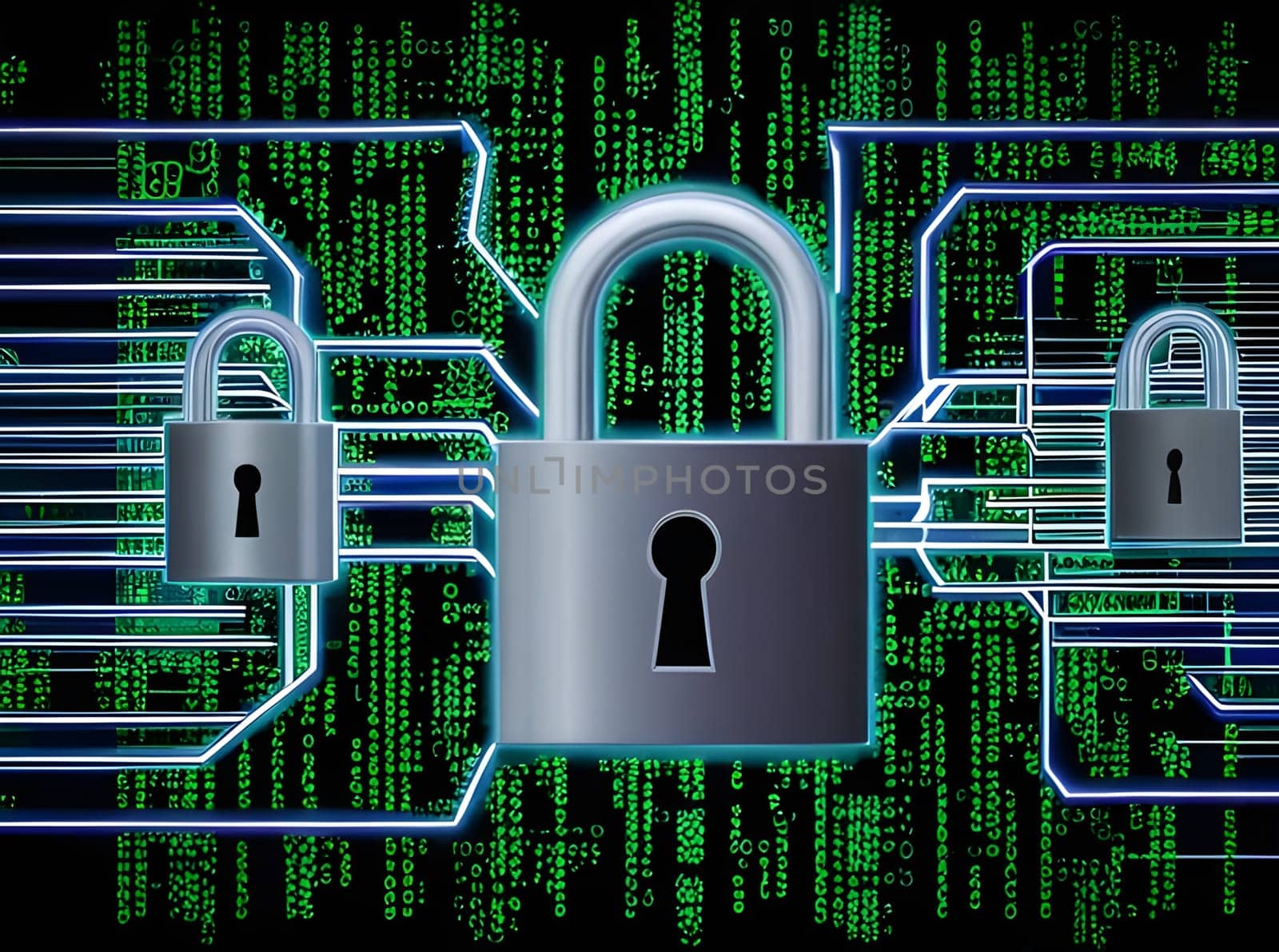 A visual representation of data security featuring padlocks connected to digital lines against a backdrop of binary code. This symbolizes the importance of protecting information in cyberspace.