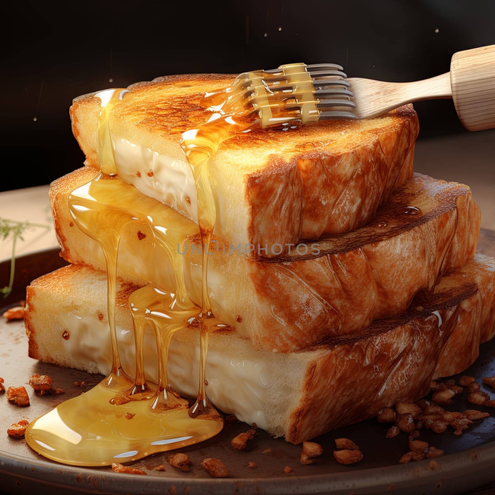A stack of two slices of toast with melted cheese and honey on a plate. The honey is dripping down the sides of the toast. The toast is on a white plate on a white table.