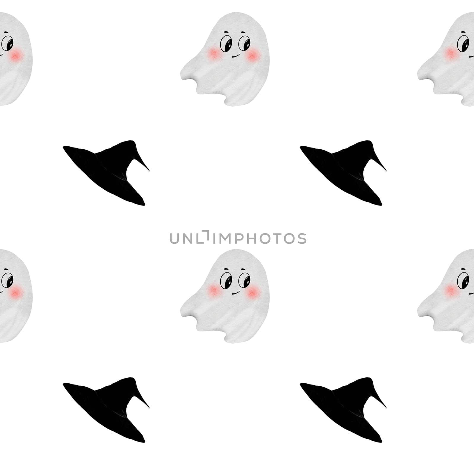 Halloween cute pattern. Hand drawn seamless illustration on isolated white background. Clip art of kawaii ghost and wizard's hat. Perfect for textile printing and Halloween wrapping paper. High quality illustration
