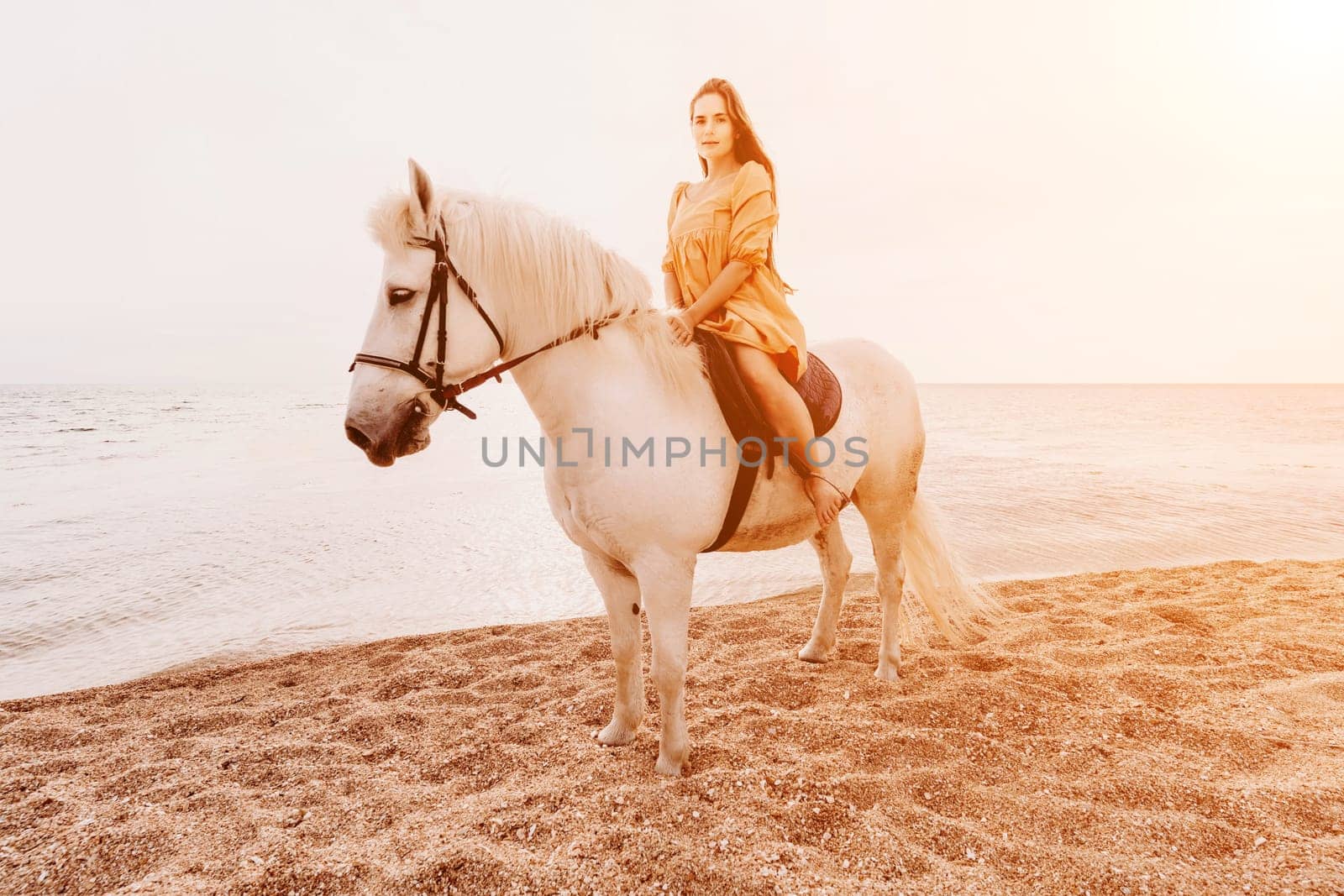 A white horse and a woman in a dress stand on a beach, with the sky and sea creating a picturesque backdrop for the scene