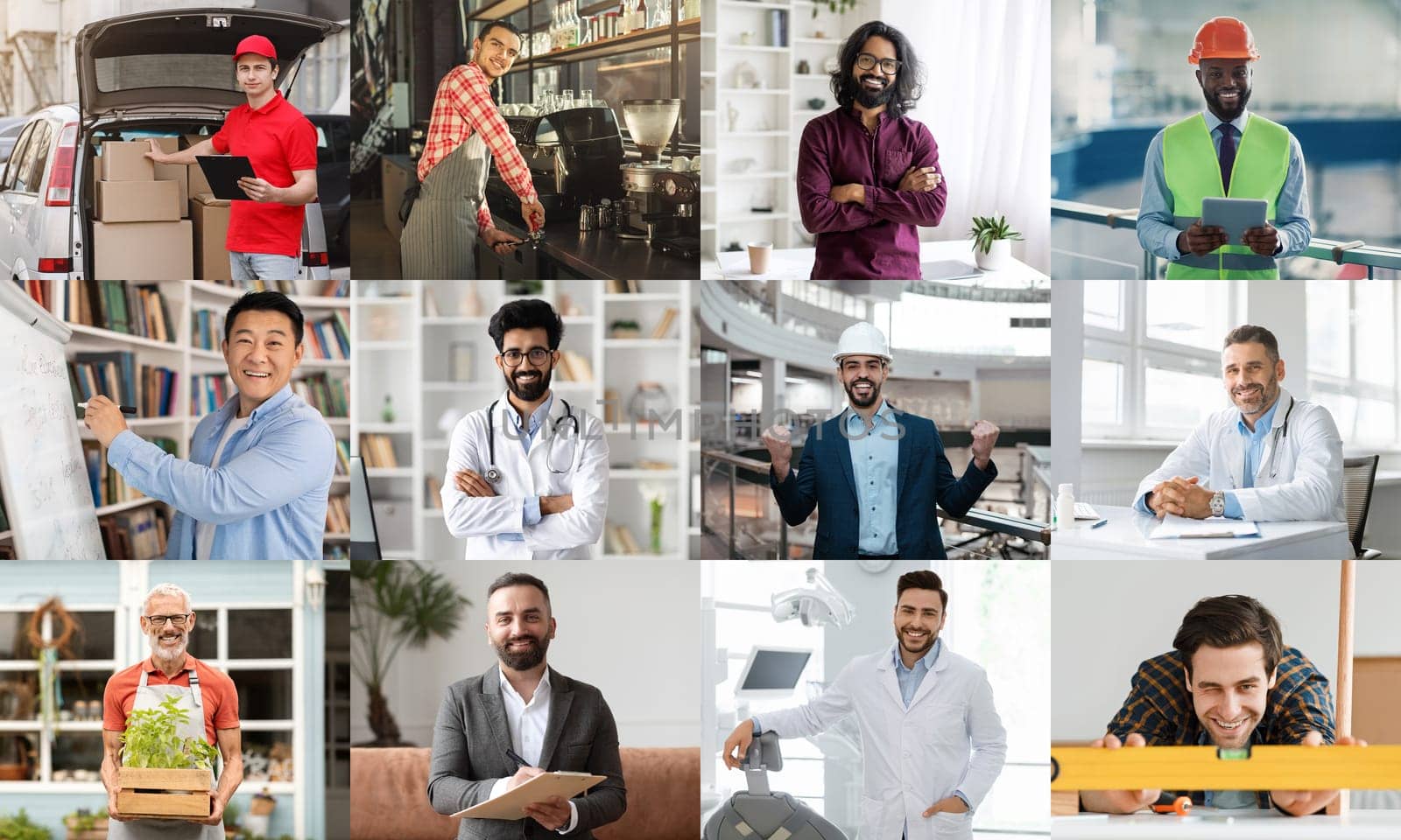 This collage showcases a variety of professionals in their respective work environments. The image includes a delivery driver loading a package into his vehicle, a barista making coffee