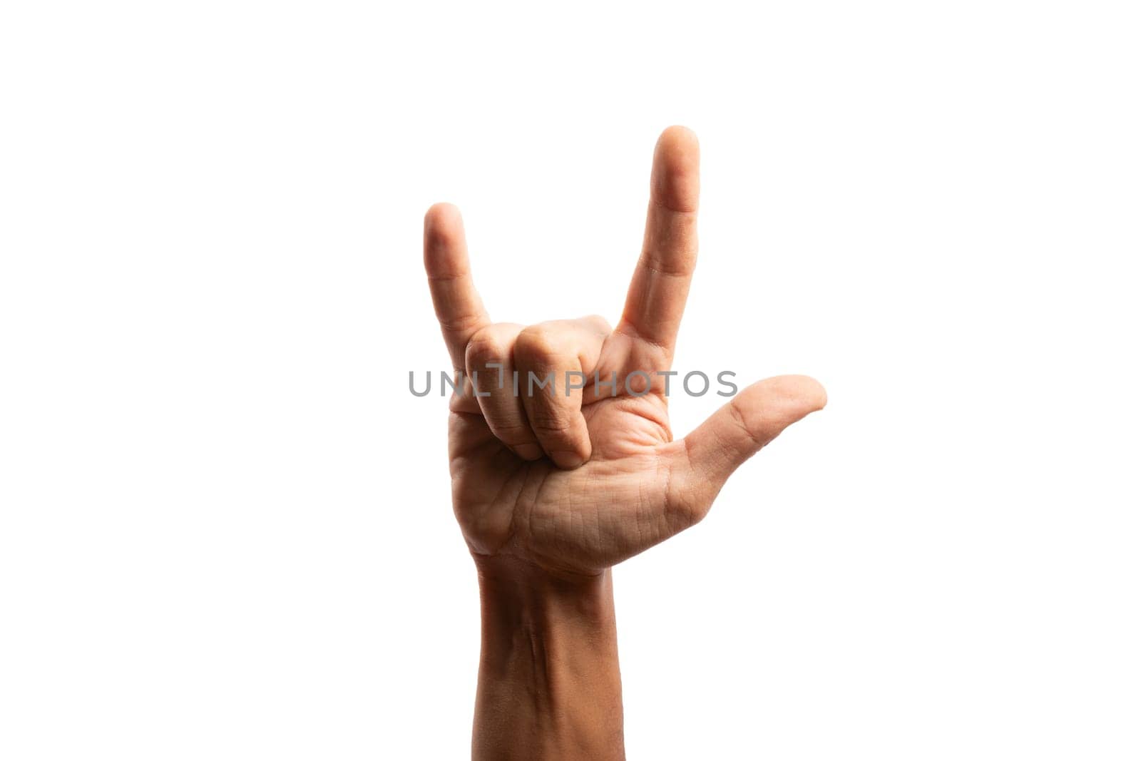 Black male hand doing rock sign with horns isolated no background by TropicalNinjaStudio