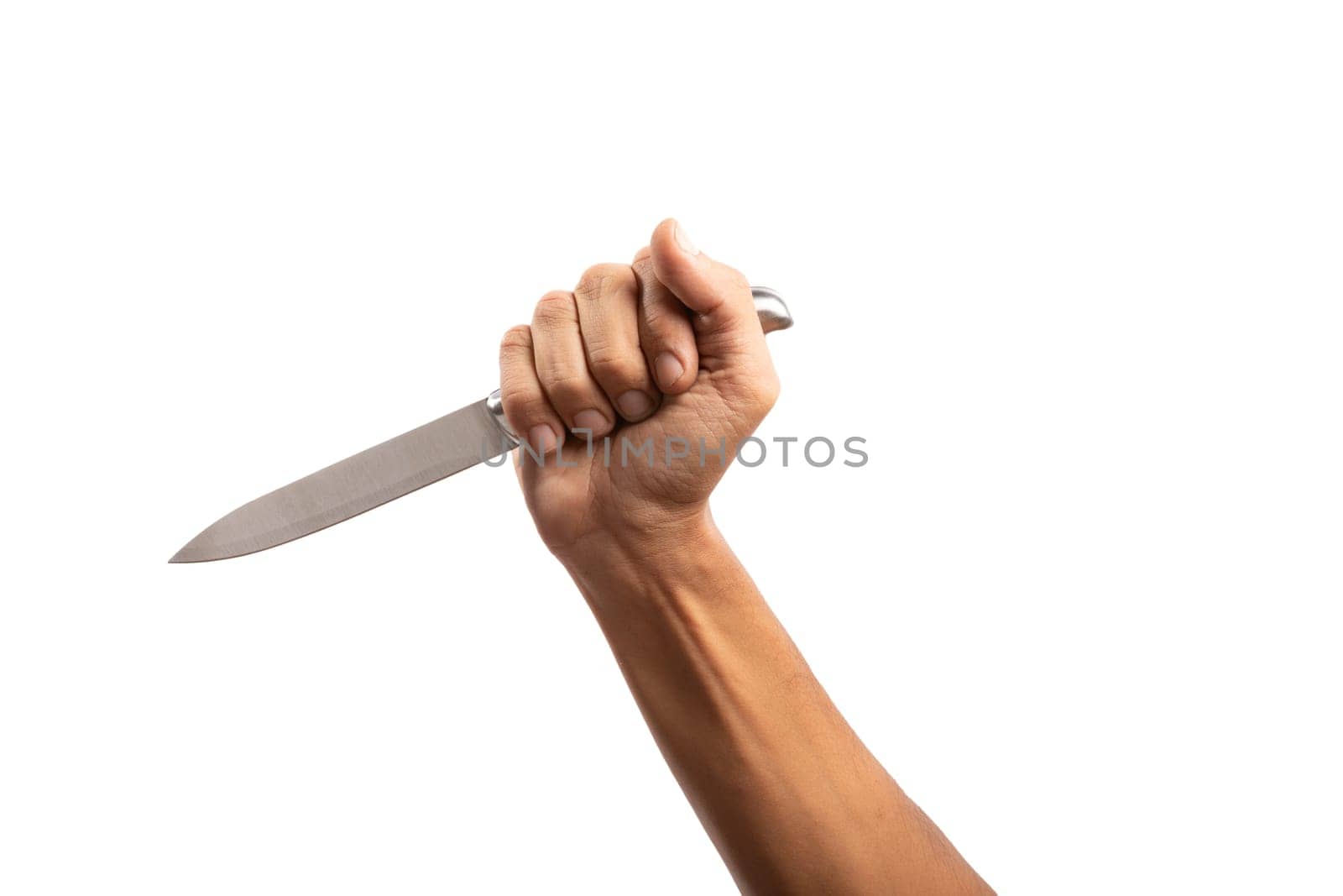 black male hand holding a silver knife on an isolated white background by TropicalNinjaStudio