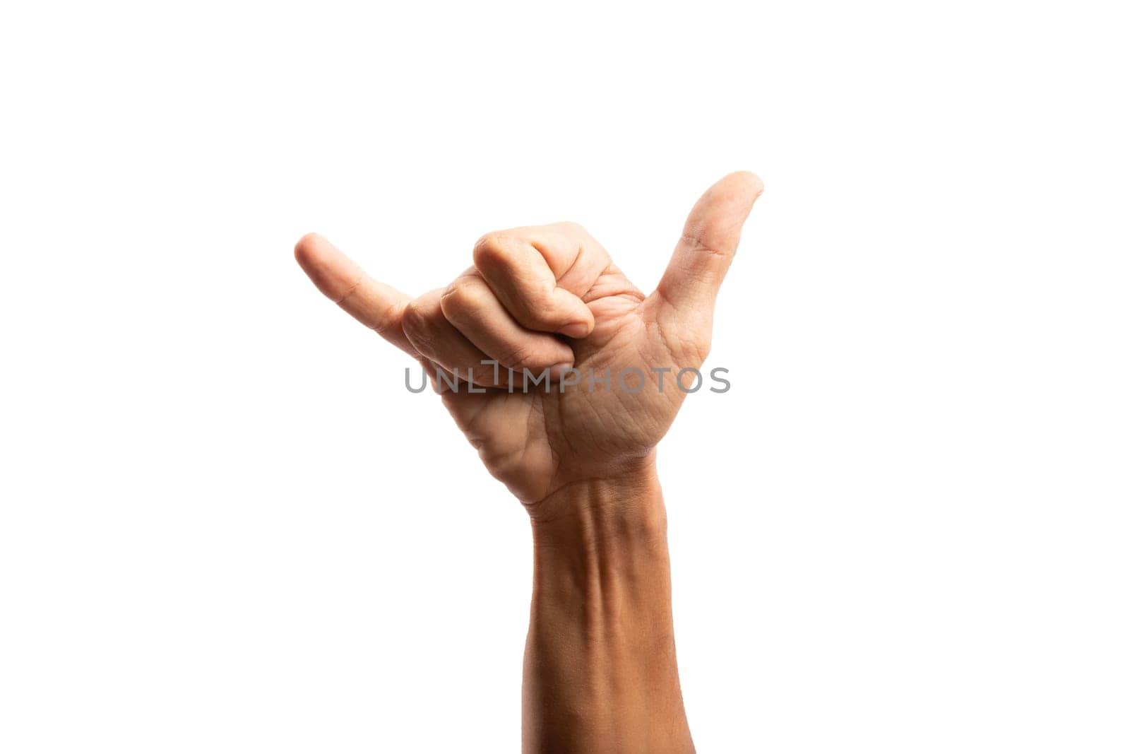 Black male hand doing surf gesture with hand isolated