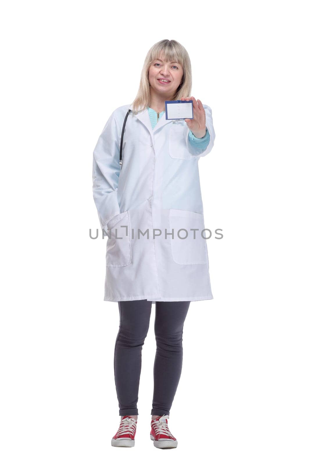 consultant doctor showing her business card . isolated on a white background. by asdf