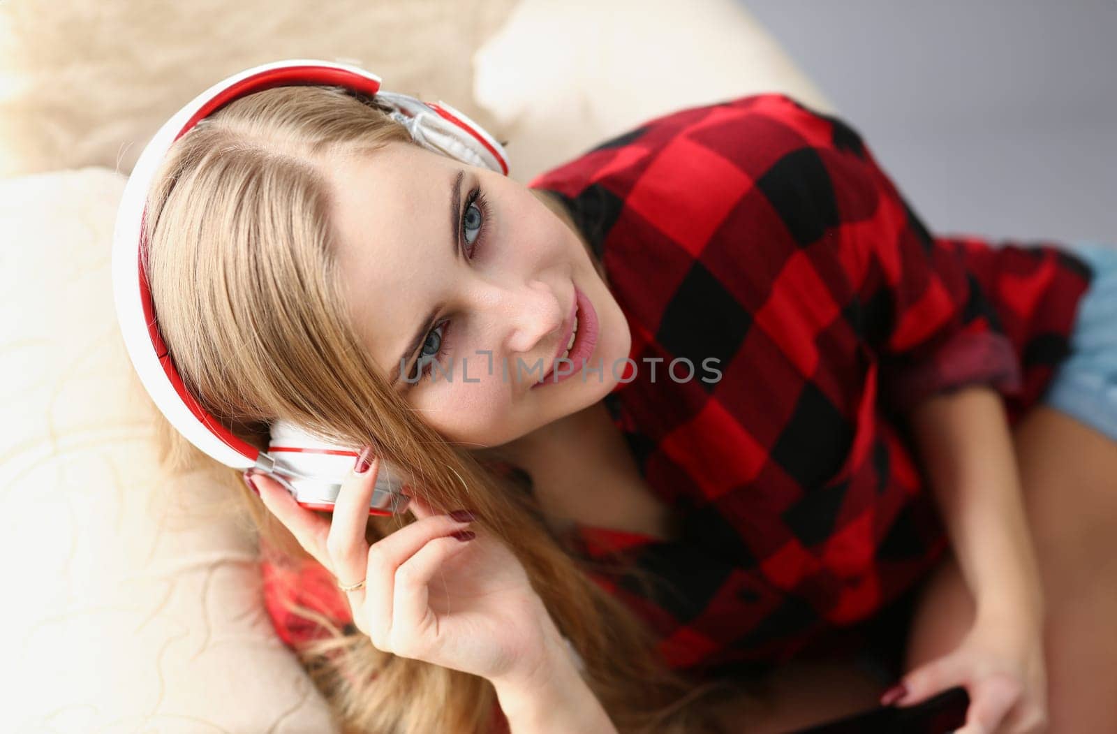 woman listen music headphones dream relax by kuprevich