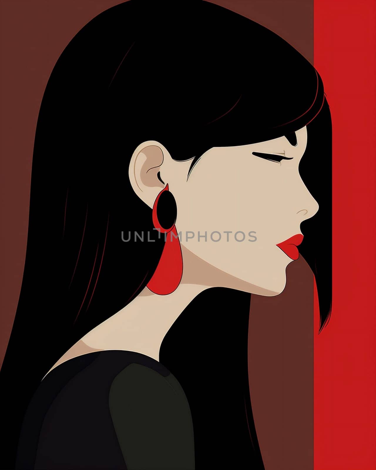 woman fashion trendy lip vogue hair lady vintage flat black female red model beauty portrait poster background attractive glamour cool pretty brunette. Generative AI.