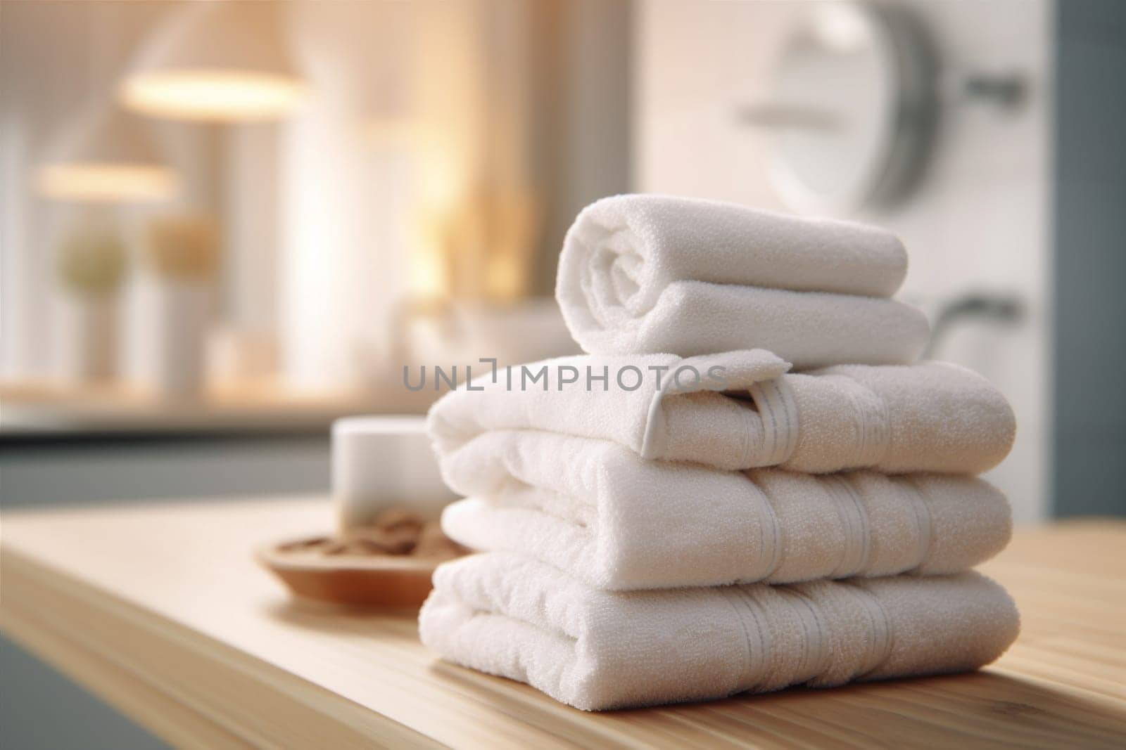 light stack textile indoor cloth laundry space clean cotton room white mock bathroom wellness home background soft shower hotel up table towel. Generative AI.