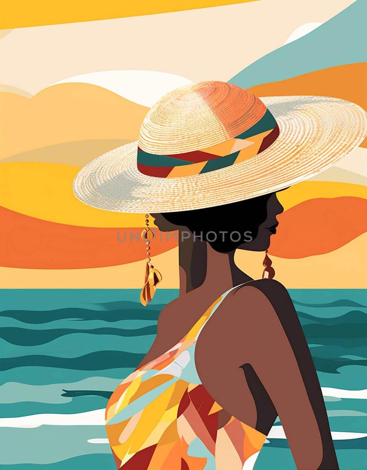 woman young concept body summer black vacation hat tanned beige beach. Generative AI. by Vichizh