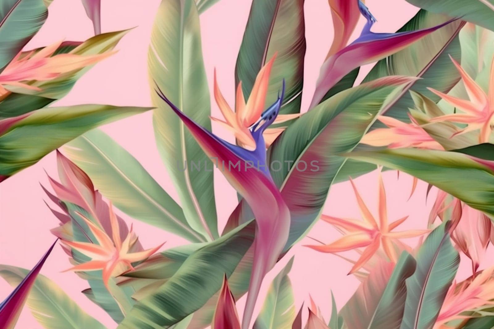 seamless pink pattern colorful trendy flower jungle leaf orange tropical. Generative AI. by Vichizh