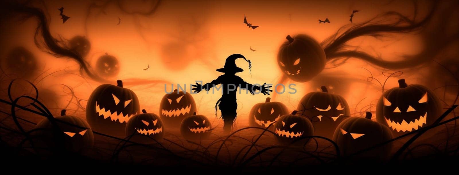 holiday halloween ghost black night orange october horror dark pumpkin. Generative AI. by Vichizh