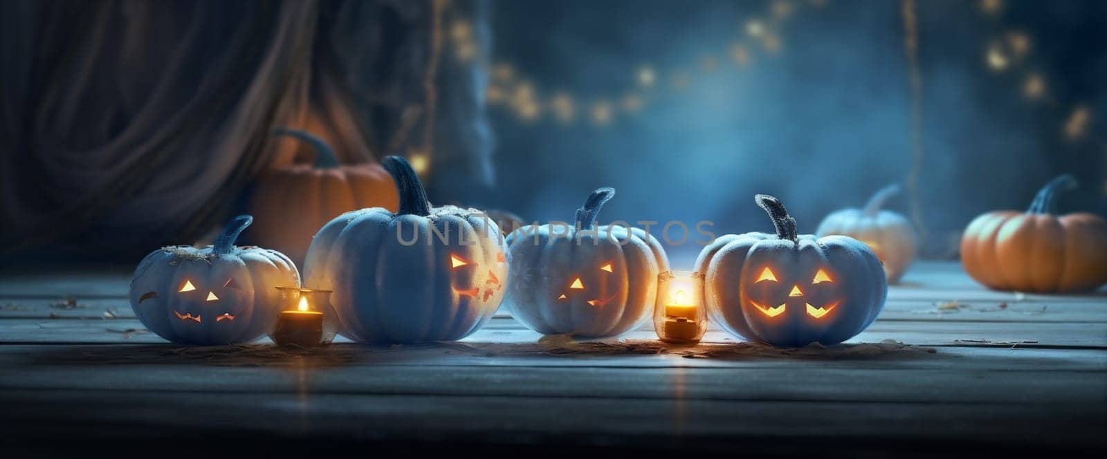 light evil table fear pumpkin mystery blue night background horror halloween. Generative AI. by Vichizh