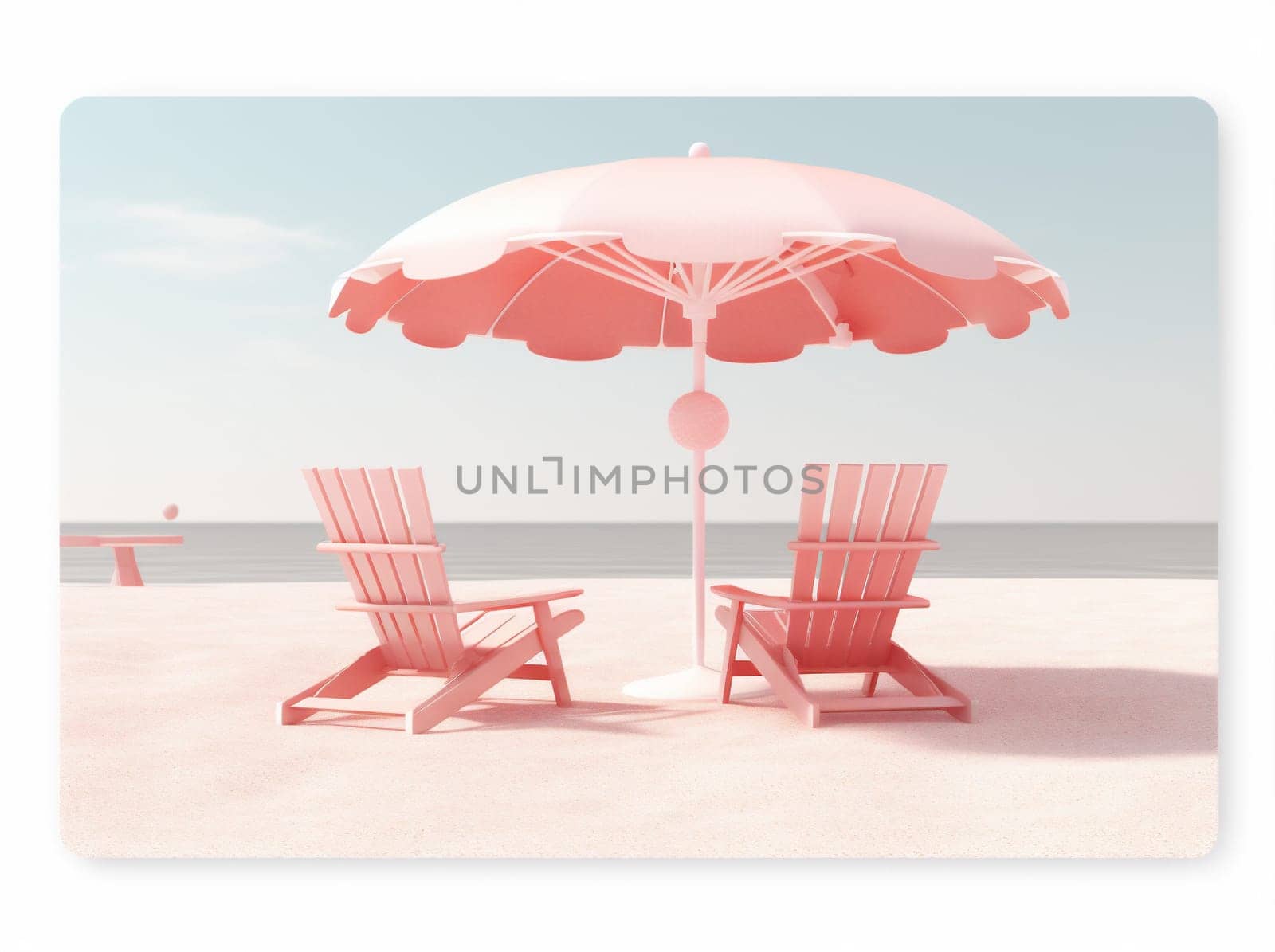 vacation parasol sand retro holiday sun resort three-dimensional summer illustration concept umbrella chair hat pink banner design season ai blue. Generative AI.