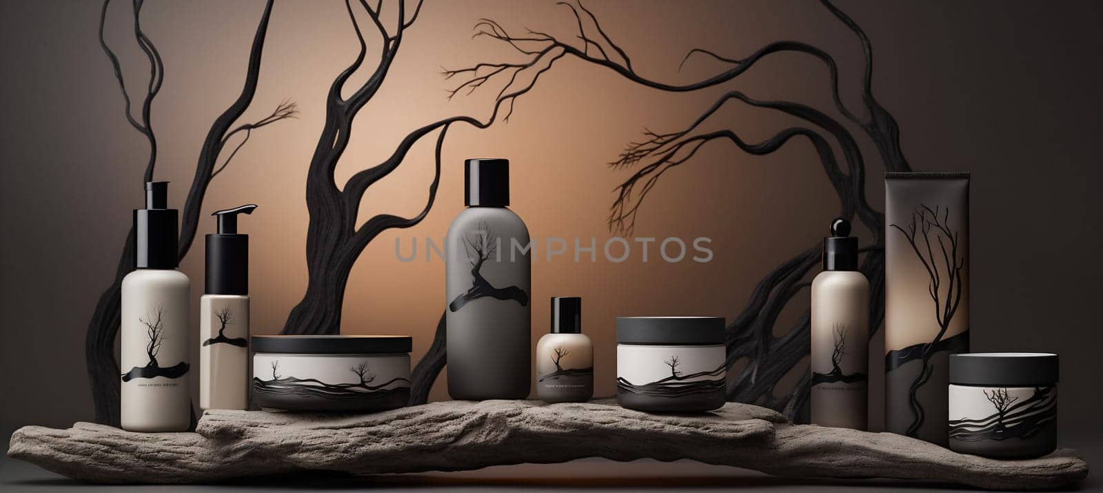 layout tree cosmetic closeup natural art eco dais presentation empty tree stone nature rock bottle cactus background product branch beauty composition plant. Generative AI.