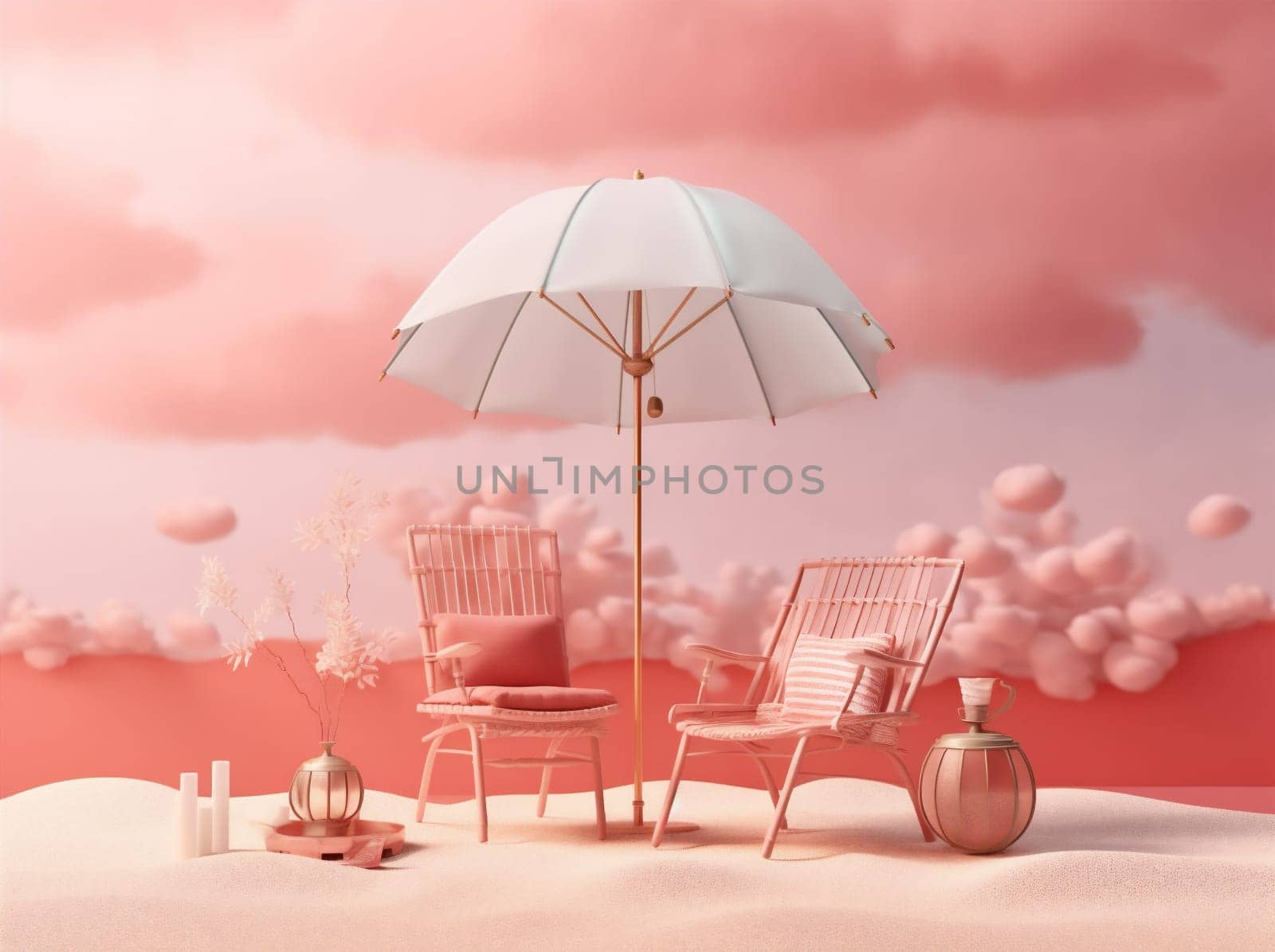 sea holiday relax pink parasol relaxation colorful white sand tour tourism leisure illustration chair retro umbrella pool sun concept vacation summer. Generative AI.