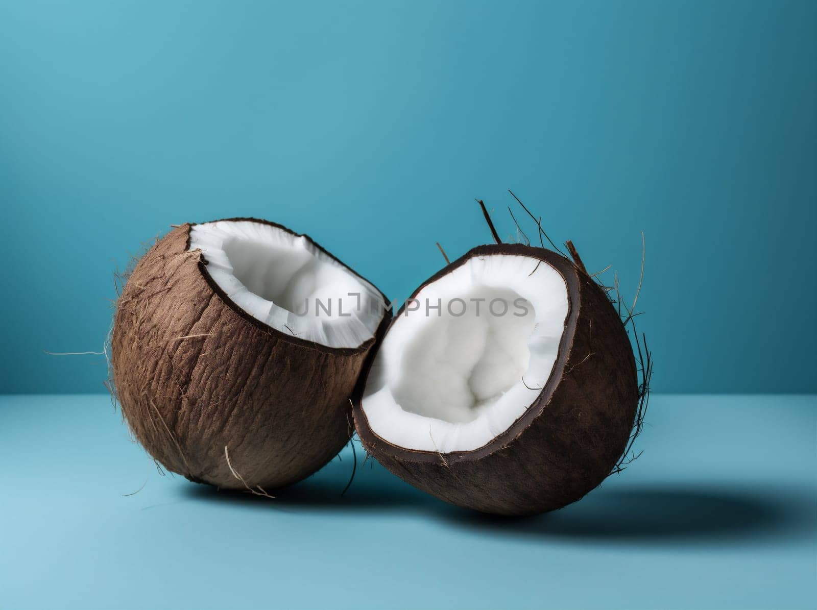 closeup space vegetarian natural nourishment cracked diet food concept tropical background top fruit copy blue white vegan trend organic palm brown coconut. Generative AI.