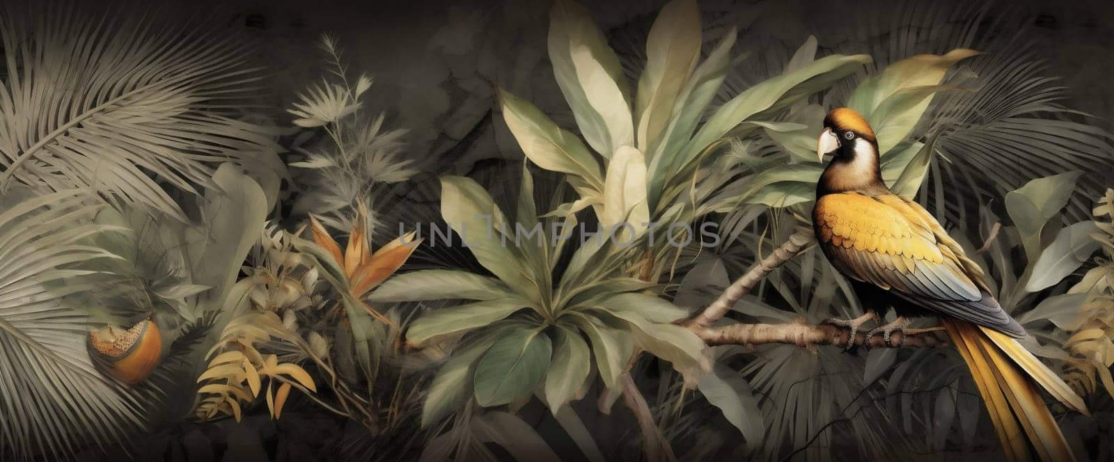 leaf exotic tropical wallpaper nature flower bird palm art jungle. Generative AI. by Vichizh