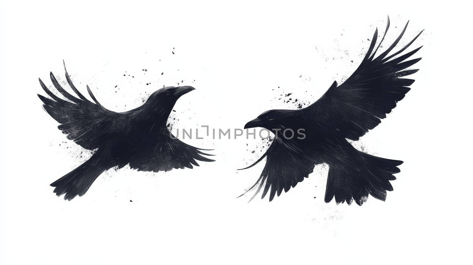 Illustration of two black ravens in flight on white background, artistic style. Nature and wildlife concept.