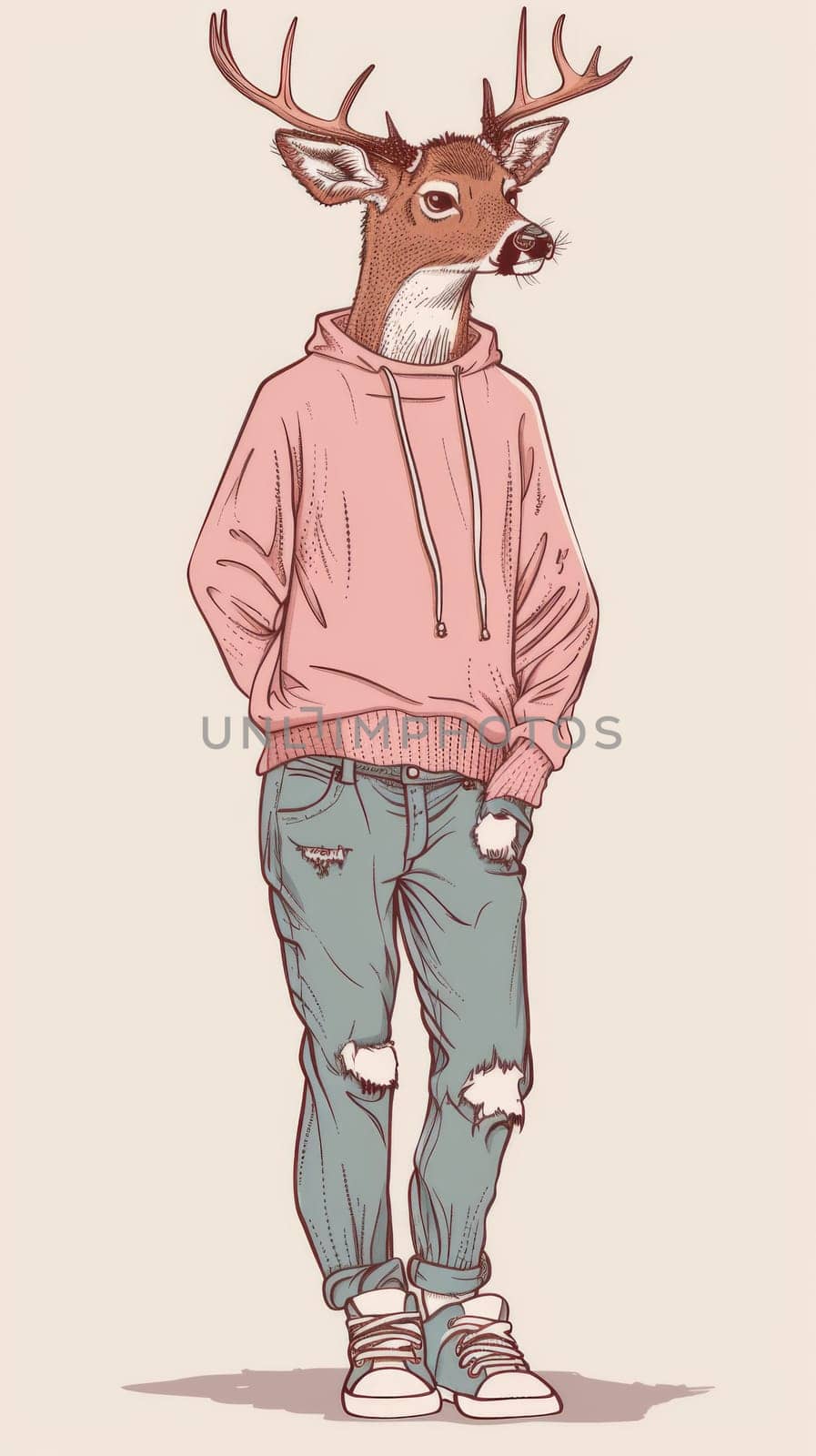 Deer in pink hoodie and ripped jeans, anthropomorphic animal illustration. Fashion and urban culture concept.