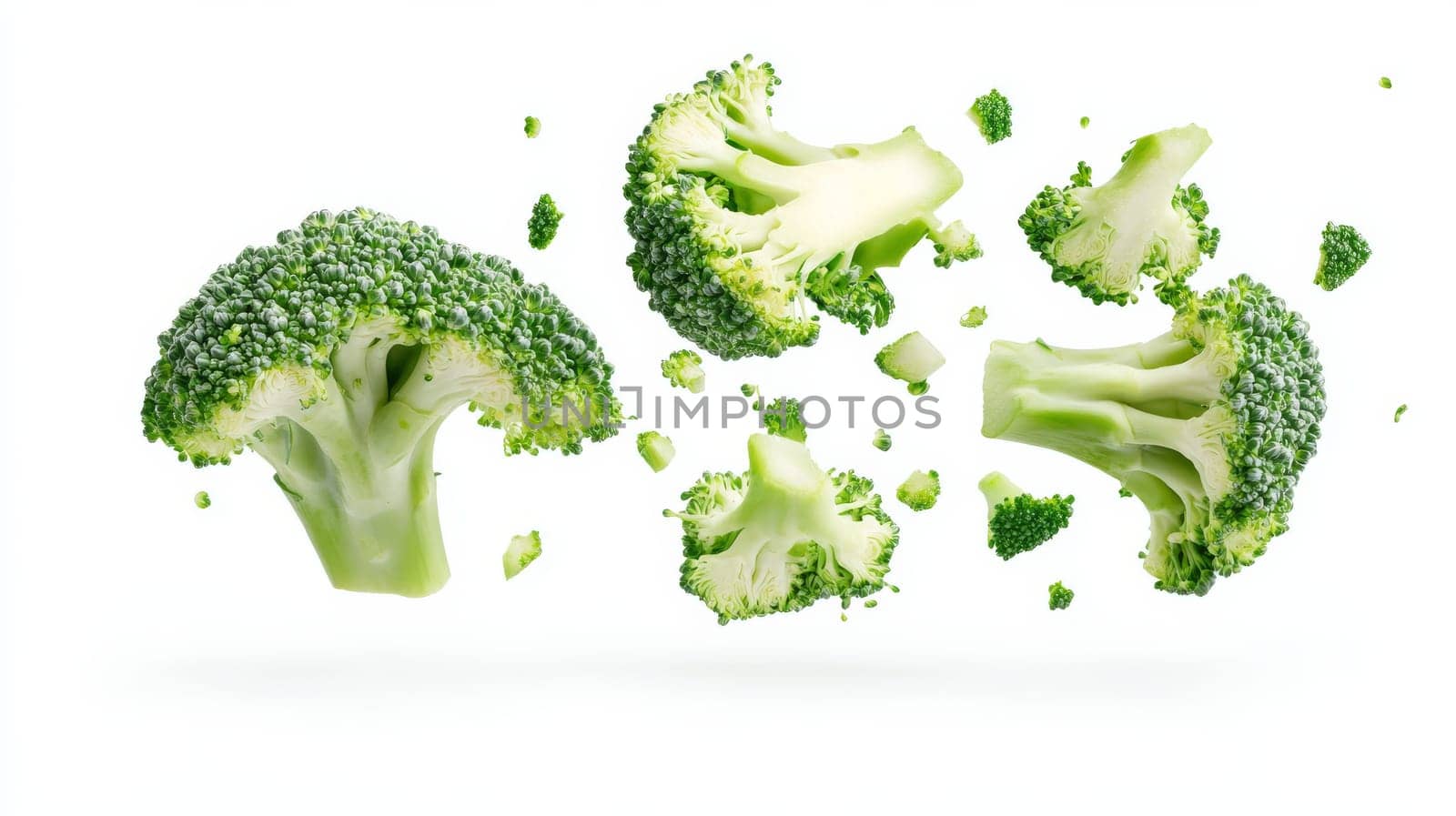 Fresh broccoli florets on white background, healthy food concept.