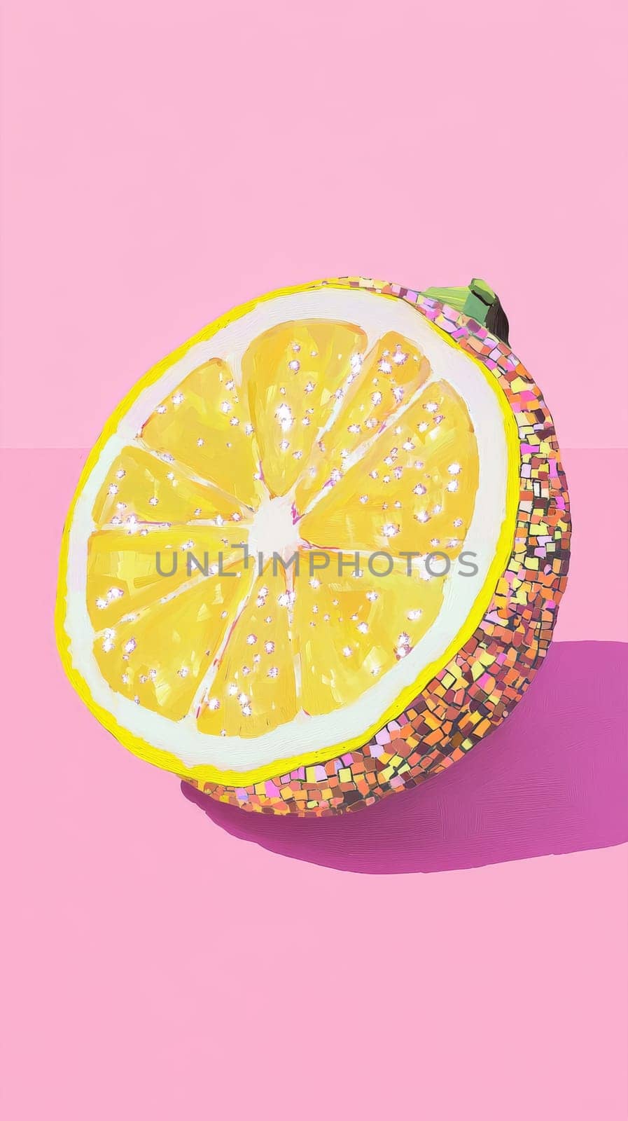 Mosaic lemon slice against pink background, vibrant and colorful artwork.
