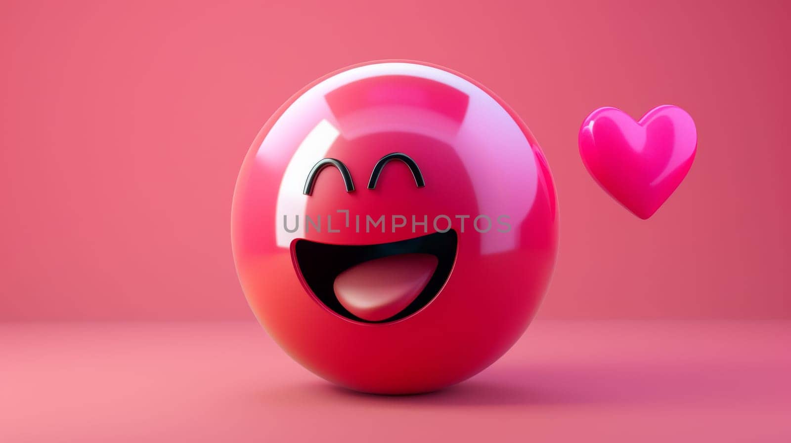 Smiling pink emoji with a heart, 3d rendering. Emoticon in a joyful mood concept.