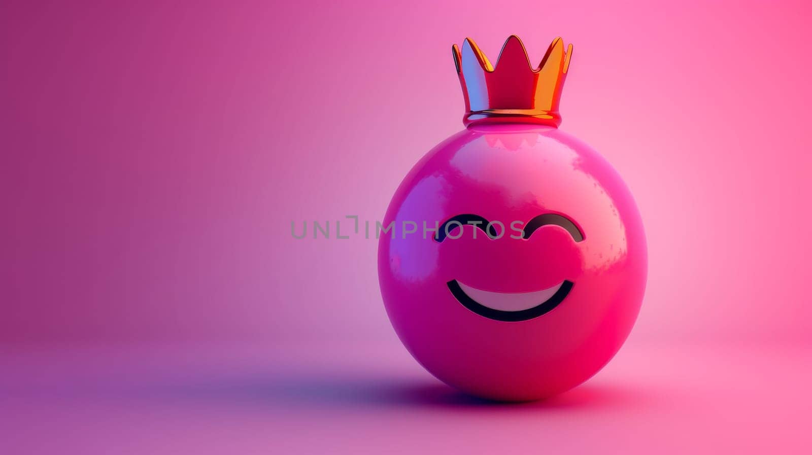 Smiling pink emoji wearing a crown on a pink gradient background, concept.