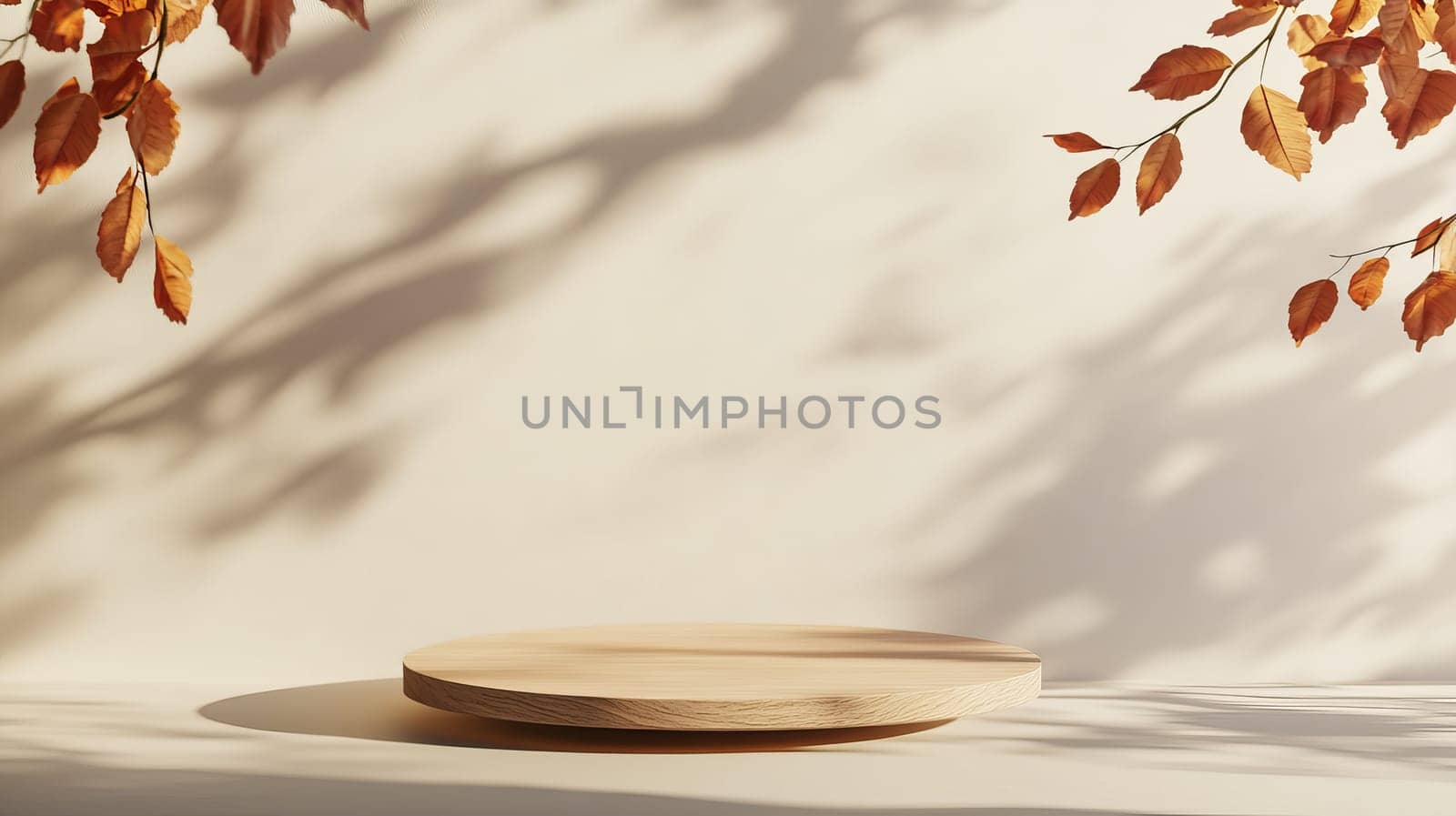 Wooden podium with autumn leaves and shadows, minimalistic studio shot. Seasonal nature concept.