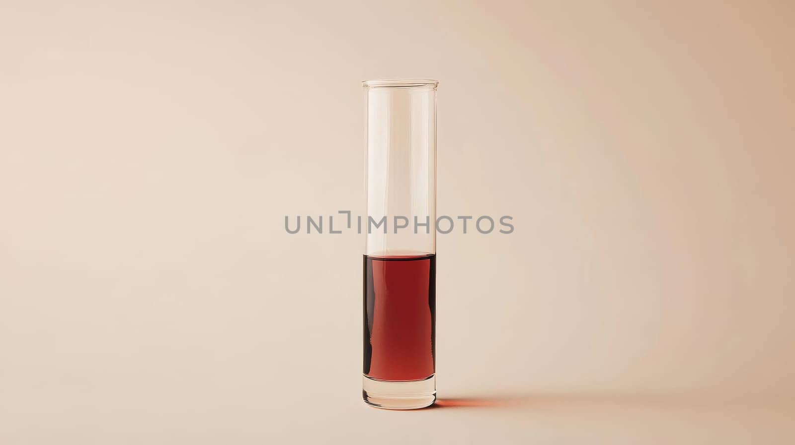 Test tube with red liquid against beige background, laboratory equipment concept.