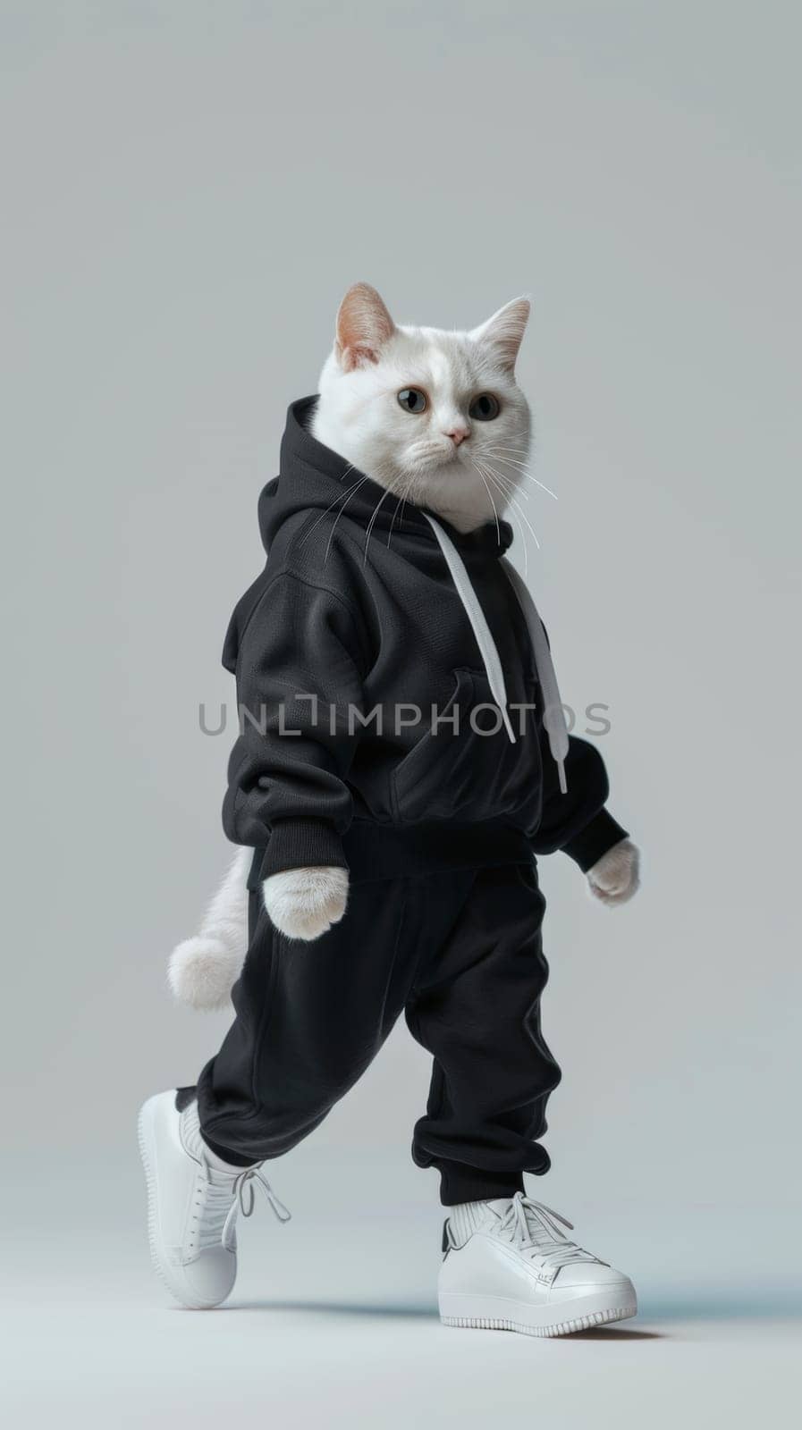 White cat in black hoodie and sneakers, studio shot. Fashion pet concept.