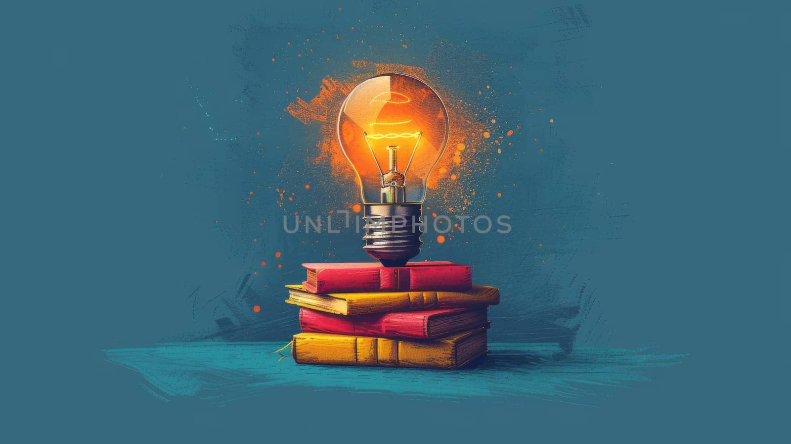 Stack of books with glowing light bulb on top, creative education concept, artistic illustration on a blue background.