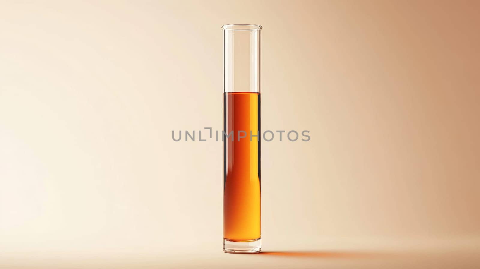 Close-up of a glass test tube filled with amber liquid, studio shot on beige background. Scientific and laboratory research concept.