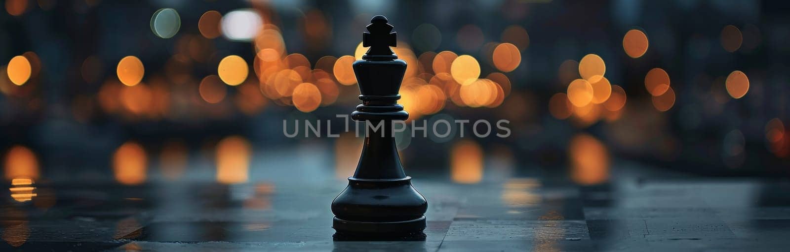 Chess piece on a reflective surface with bokeh lights in the background, artistic composition. Strategy and focus concept.