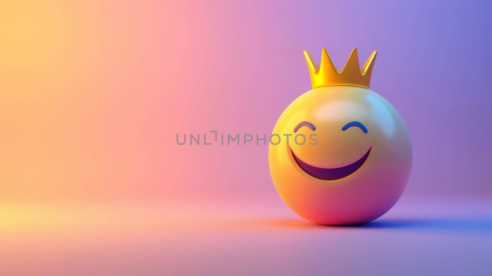 Smiling emoji with crown on colorful gradient background, happiness and royalty concept.