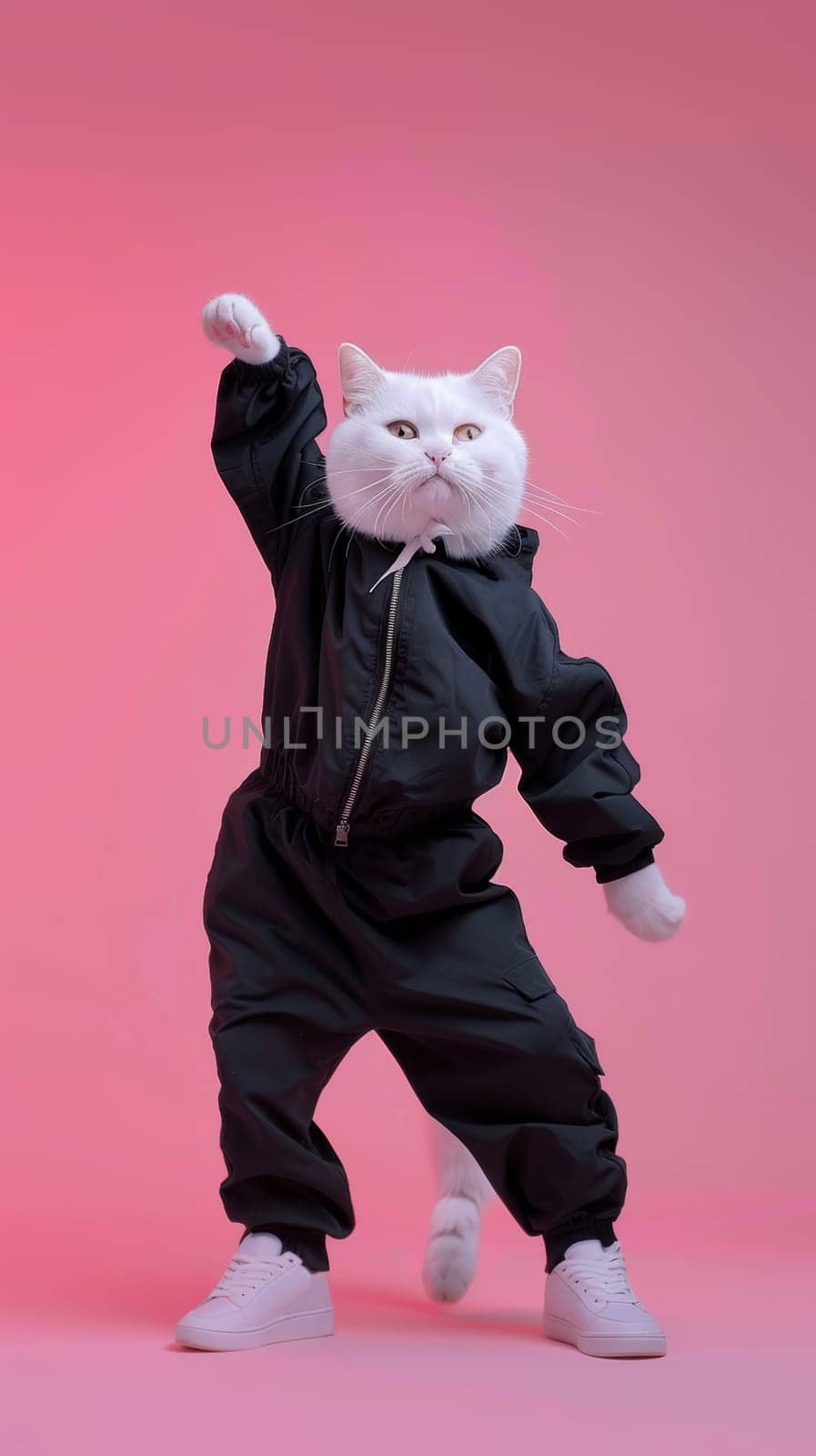 White cat wearing a black tracksuit posing against a pink background. Dance pose, fun and fashionable pet concept.